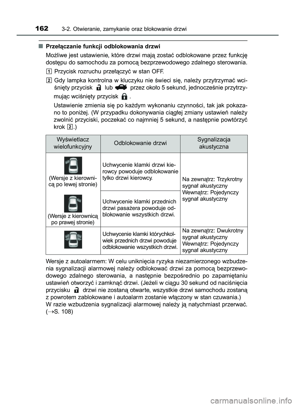 TOYOTA CAMRY 2022  Instrukcja obsługi (in Polish) Prze∏àczanie funkcji odblokowania drzwi
Mo˝liwe jest ustawienie, które drzwi majà zostaç odblokowane przez funkcj´
dost´pu do samochodu za pomocà bezprzewodowego zdalnego sterowania.
Przycis
