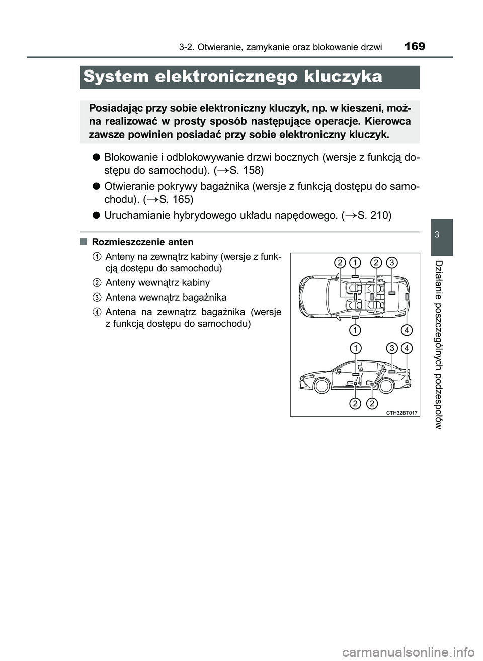 TOYOTA CAMRY 2022  Instrukcja obsługi (in Polish) Blokowanie i odblokowywanie drzwi bocznych (wersje z funkcjà do-
st´pu do samochodu). (
S. 158)
Otwieranie pokrywy baga˝nika (wersje z funkcjà dost´pu do samo-
chodu). (
S. 165)
Uruchamianie hy