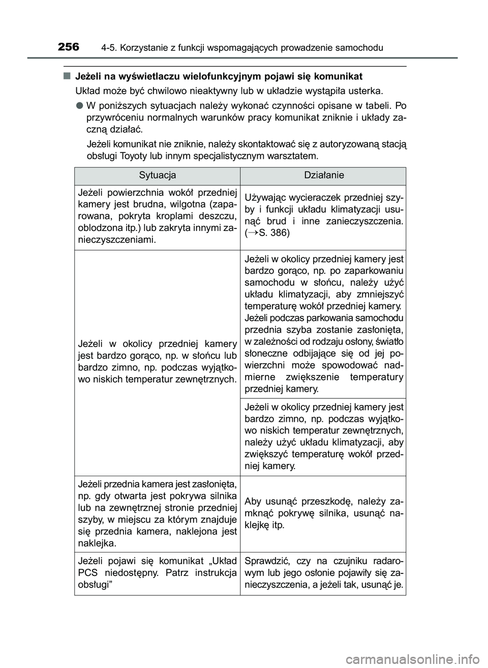 TOYOTA CAMRY 2022  Instrukcja obsługi (in Polish) Je˝eli na wyÊwietlaczu wielofunkcyjnym pojawi si´ komunikat
Uk∏ad mo˝e byç chwilowo nieaktywny lub w uk∏adzie wystàpi∏a usterka.
W poni˝szych  sytuacjach  nale˝y  wykonaç  czynnoÊci  o