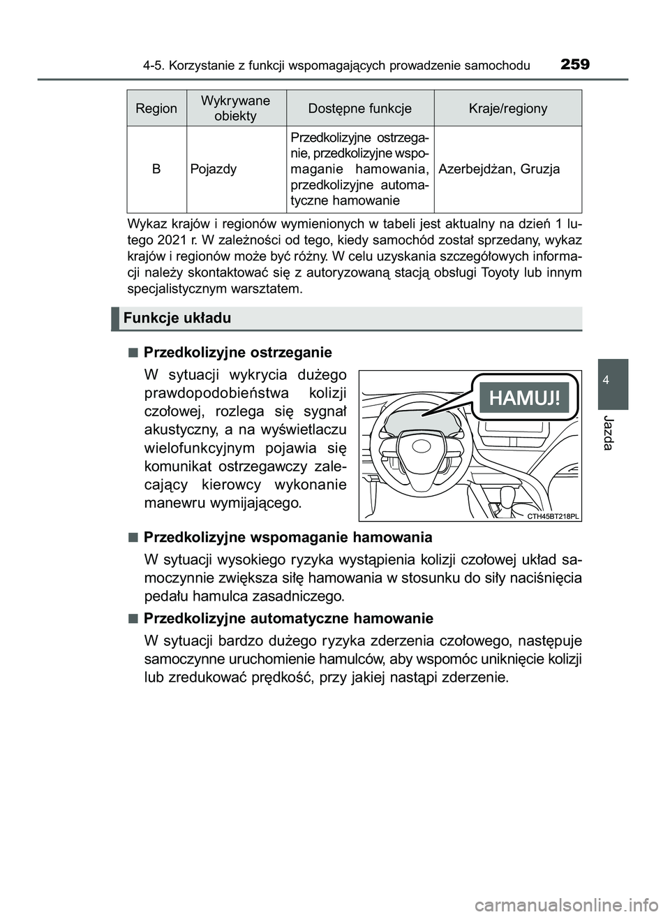 TOYOTA CAMRY 2022  Instrukcja obsługi (in Polish) Wykaz  krajów  i regionów  wymienionych  w tabeli  jest  aktualny  na  dzieƒ  1  lu-
tego 2021 r. W zale˝noÊci od tego, kiedy samochód zosta∏ sprzedany, wykaz
krajów i regionów mo˝e byç r