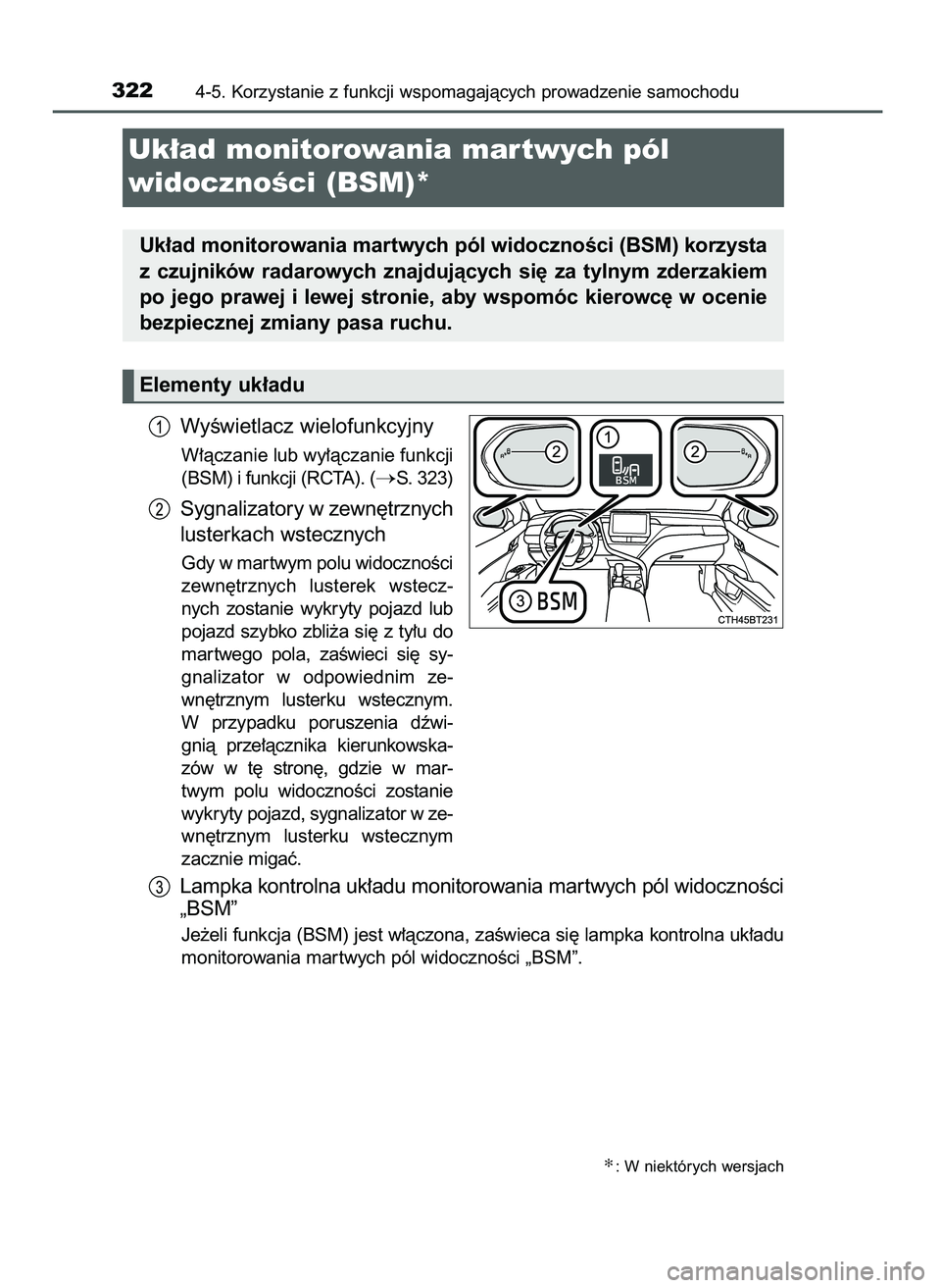 TOYOTA CAMRY 2022  Instrukcja obsługi (in Polish) WyÊwietlacz wielofunkcyjny
W∏àczanie lub wy∏àczanie funkcji
(BSM) i funkcji (RCTA). (
S. 323)
Sygnalizatory w zewn´trznych
lusterkach wstecznych
Gdy w mar twym polu widocznoÊci
zewn´trznych