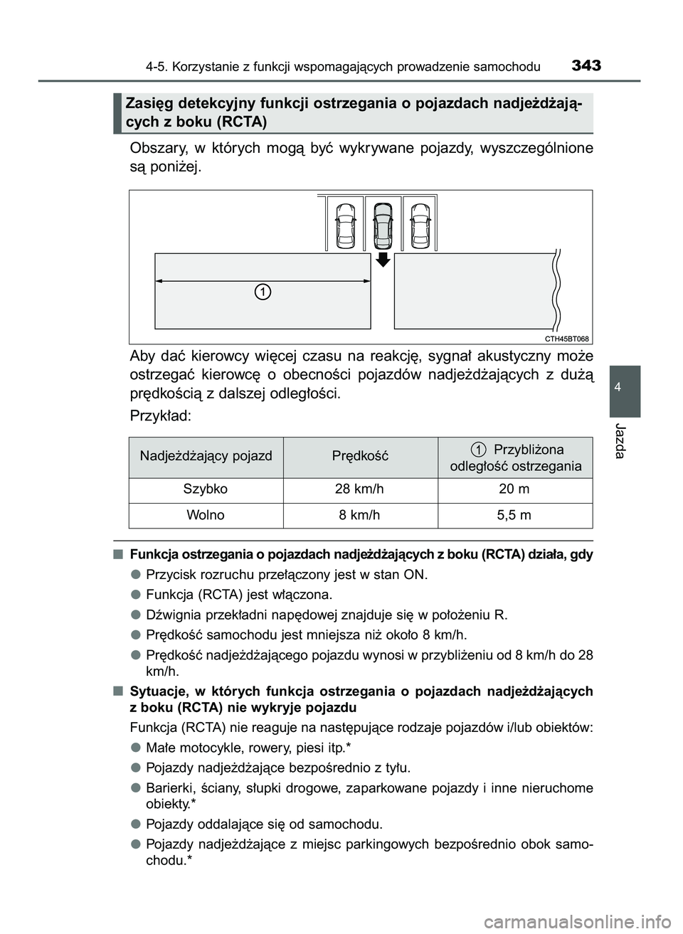 TOYOTA CAMRY 2022  Instrukcja obsługi (in Polish) Obszary,  w których  mogà  byç  wykrywane  pojazdy,  wyszczególnione
sà poni˝ej.
Aby  daç  kierowcy  wi´cej  czasu  na  reakcj´,  sygna∏  akustyczny  mo˝e
ostrzegaç  kierowc´  o obecnoÊ