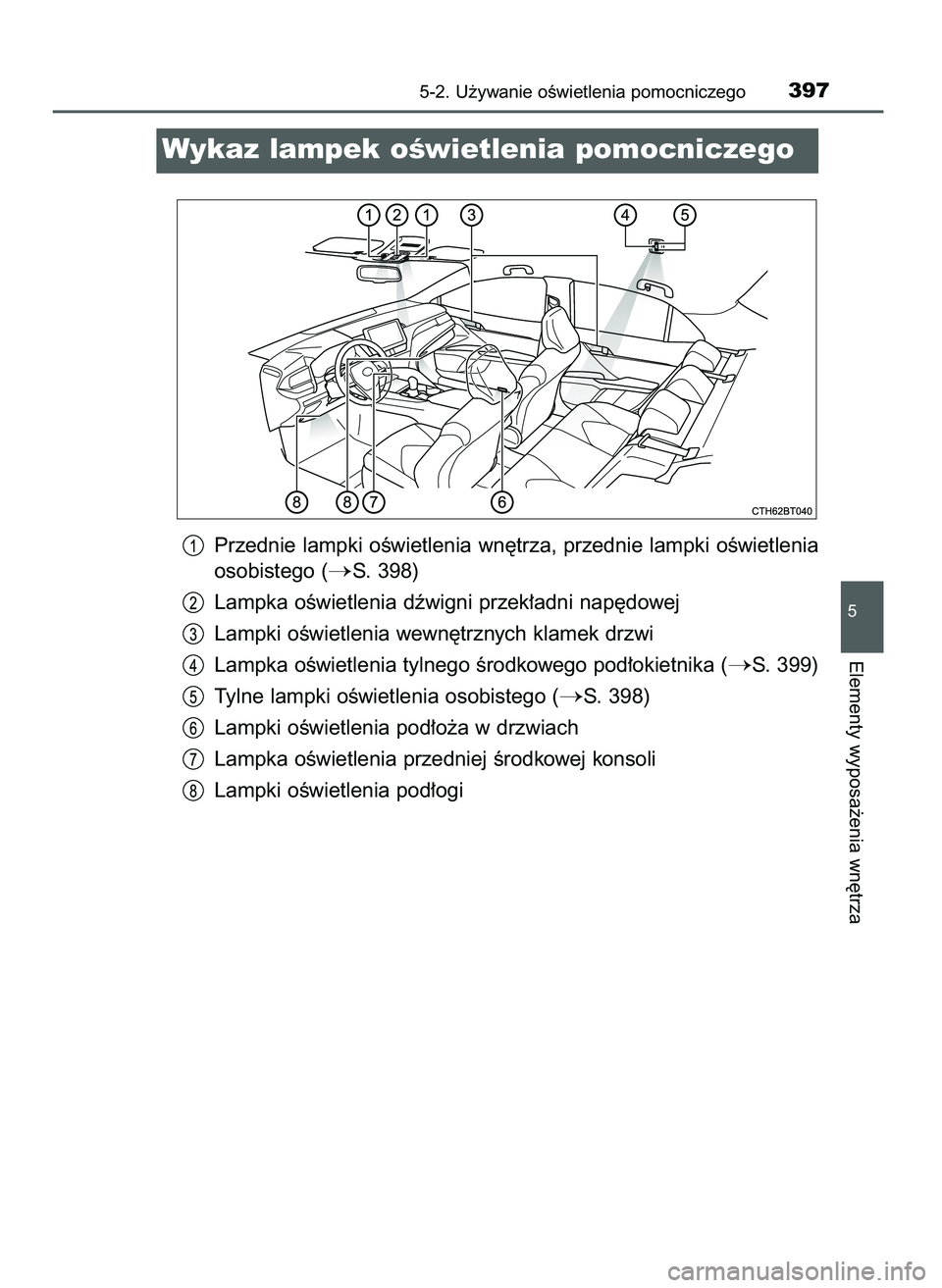 TOYOTA CAMRY 2022  Instrukcja obsługi (in Polish) Przednie lampki oÊwietlenia wn´trza, przednie lampki oÊwietlenia
osobistego (
S. 398)
Lampka oÊwietlenia dêwigni przek∏adni nap´dowej
Lampki oÊwietlenia wewn´trznych klamek drzwi
Lampka oÊ