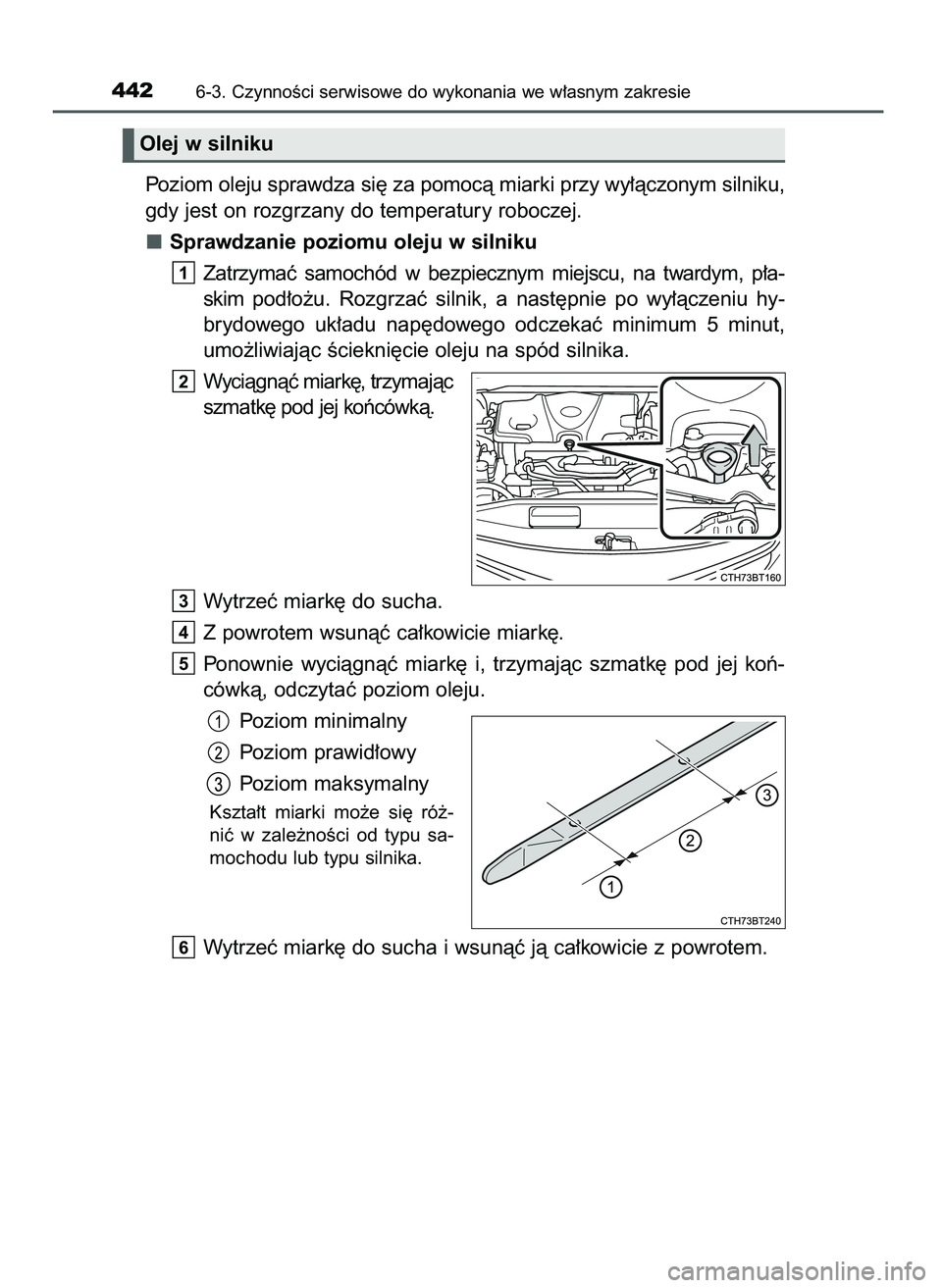 TOYOTA CAMRY 2022  Instrukcja obsługi (in Polish) Poziom oleju sprawdza si´ za pomocà miarki przy wy∏àczonym silniku,
gdy jest on rozgrzany do temperatury roboczej.
Sprawdzanie poziomu oleju w silniku
Zatrzymaç  samochód  w bezpiecznym  miejsc