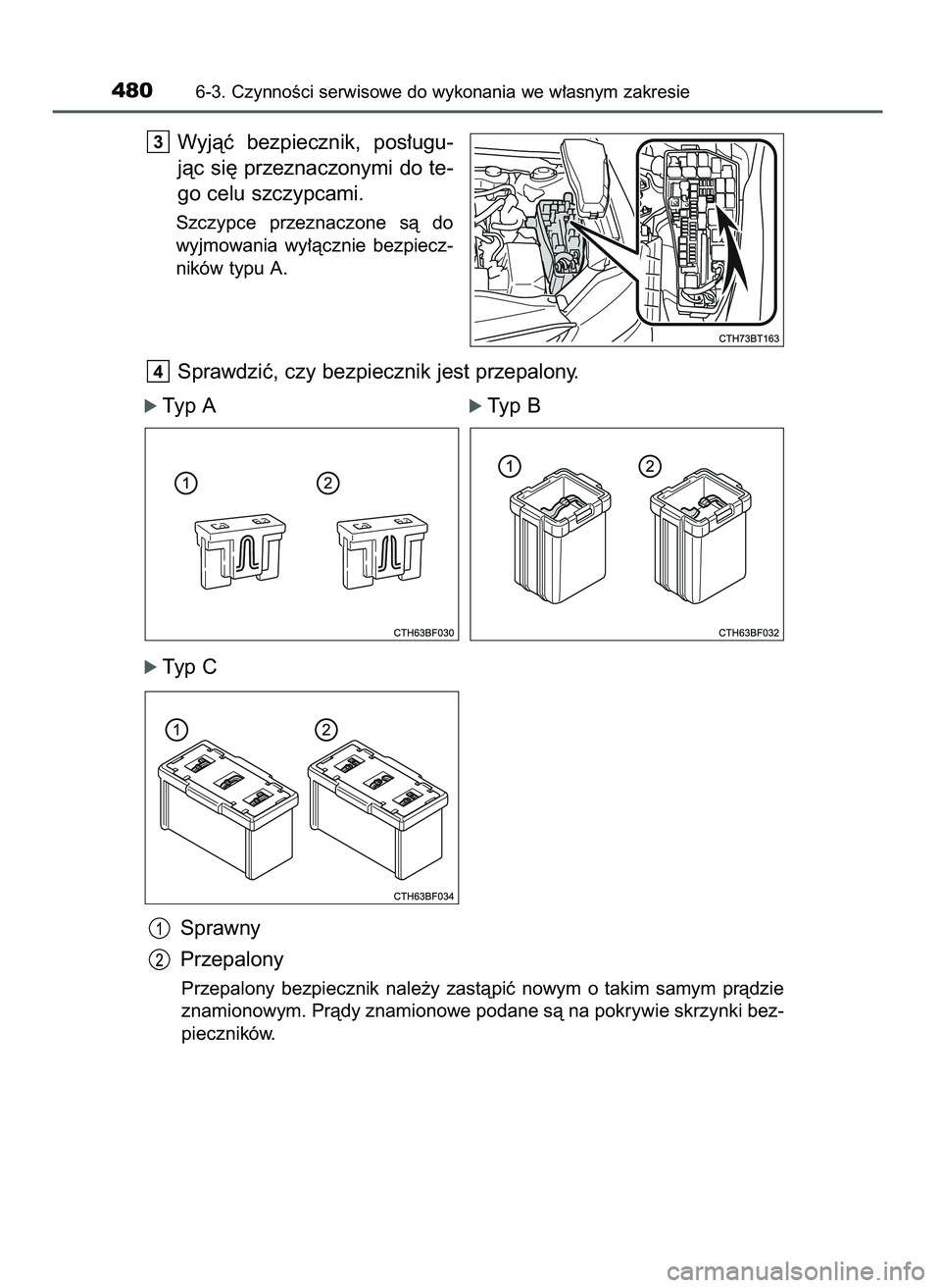 TOYOTA CAMRY 2022  Instrukcja obsługi (in Polish) Wyjàç  bezpiecznik,  pos∏ugu-
jàc si´ przeznaczonymi do te-
go celu szczypcami.
Szczypce  przeznaczone  sà  do
wyjmowania  wy∏àcznie  bezpiecz-
ników typu A.
Sprawdziç, czy bezpiecznik jes