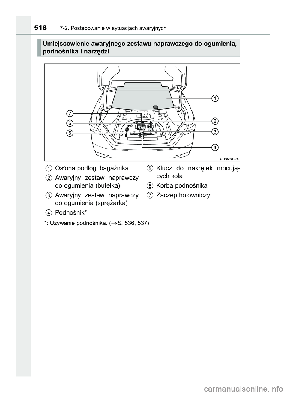 TOYOTA CAMRY 2022  Instrukcja obsługi (in Polish) Os∏ona pod∏ogi baga˝nika
Awaryjny  zestaw  naprawczy
do ogumienia (butelka)
Awaryjny  zestaw  naprawczy
do ogumienia (spr´˝arka)
PodnoÊnik*Klucz  do  nakr´tek  mocujà-
cych ko∏a
Korba podn