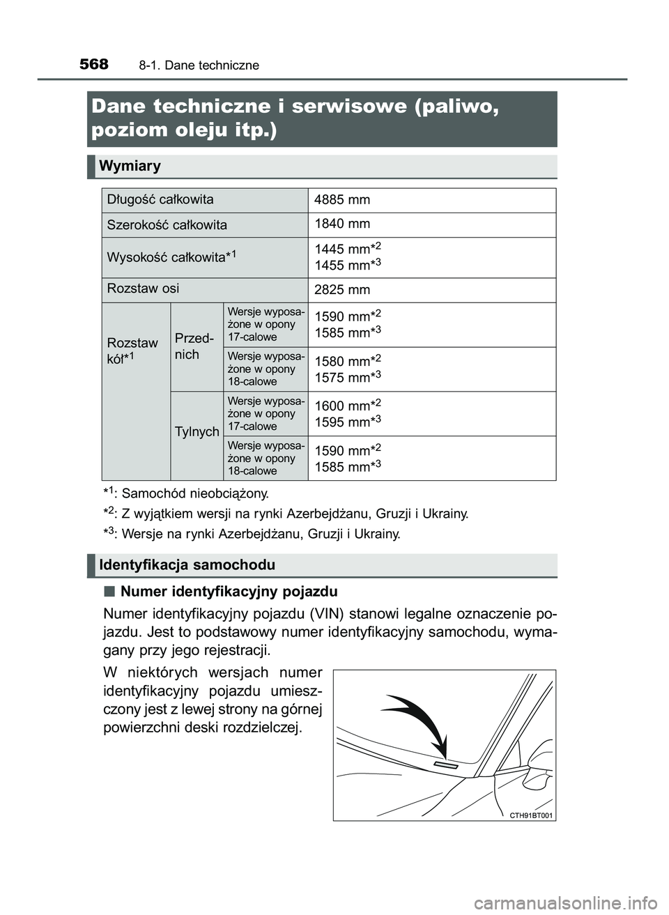 TOYOTA CAMRY 2022  Instrukcja obsługi (in Polish) *1: Samochód nieobcià˝ony.
*
2: Z wyjàtkiem wersji na rynki Azerbejd˝anu, Gruzji i Ukrainy.
*
3: Wersje na rynki Azerbejd˝anu, Gruzji i Ukrainy.
Numer identyfikacyjny pojazdu
Numer  identyfikacy