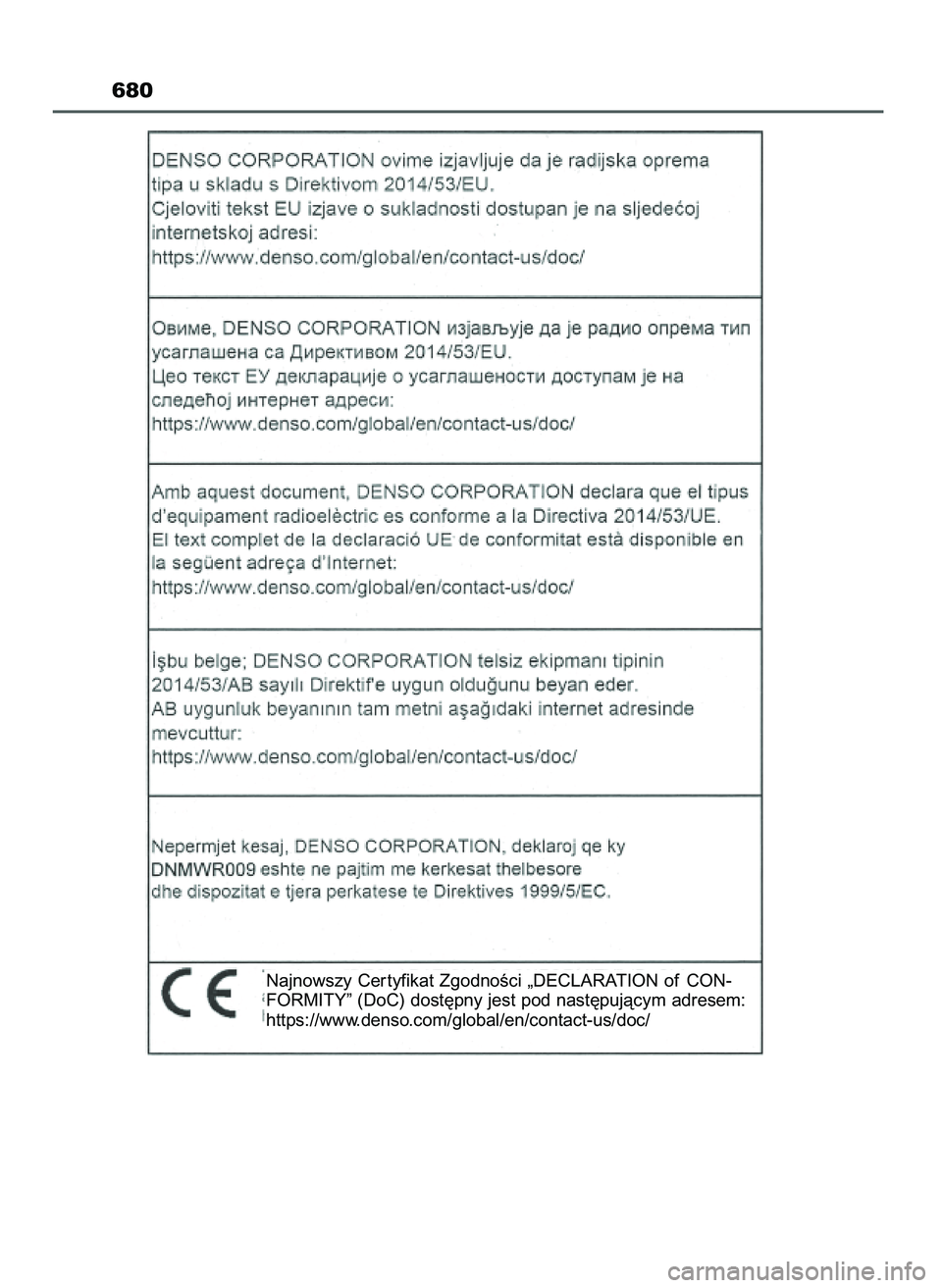 TOYOTA CAMRY 2022 Instrukcja obsługi (in Polish) 680
Najnowszy Cer tyfikat ZgodnoÊci „DECLARATION of CON-
FORMITY” (DoC) dost´pny jest pod nast´pujàcym adresem:
https://www.denso.com/global/en/contact-us/doc/
3 Camry HV OM33F05E 11/3/21 14 TOYOTA CAMRY 2022 Instrukcja obsługi (in Polish) 680
Najnowszy Cer tyfikat ZgodnoÊci „DECLARATION of CON-
FORMITY” (DoC) dost´pny jest pod nast´pujàcym adresem:
https://www.denso.com/global/en/contact-us/doc/
3 Camry HV OM33F05E 11/3/21 14