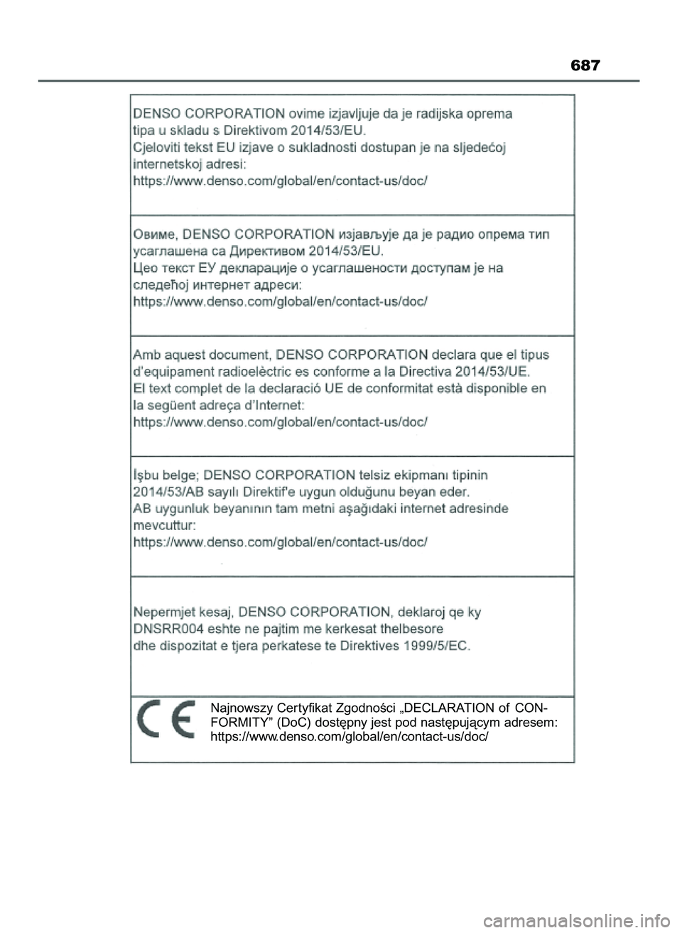 TOYOTA CAMRY 2022 Instrukcja obsługi (in Polish) 687
Najnowszy Cer tyfikat ZgodnoÊci „DECLARATION of CON-
FORMITY” (DoC) dost´pny jest pod nast´pujàcym adresem:
https://www.denso.com/global/en/contact-us/doc/
3 Camry HV OM33F05E 11/3/21 14 TOYOTA CAMRY 2022 Instrukcja obsługi (in Polish) 687
Najnowszy Cer tyfikat ZgodnoÊci „DECLARATION of CON-
FORMITY” (DoC) dost´pny jest pod nast´pujàcym adresem:
https://www.denso.com/global/en/contact-us/doc/
3 Camry HV OM33F05E 11/3/21 14