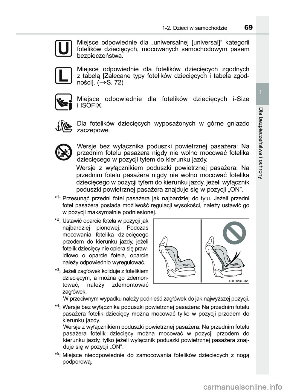 TOYOTA CAMRY 2022  Instrukcja obsługi (in Polish) Miejsce  odpowiednie  dla  „uniwersalnej  [universal]”  kategorii
fotelików  dzieci´cych,  mocowanych  samochodowym  pasem
bezpieczeƒstwa.
Miejsce  odpowiednie  dla  fotelików  dzieci´cych  z