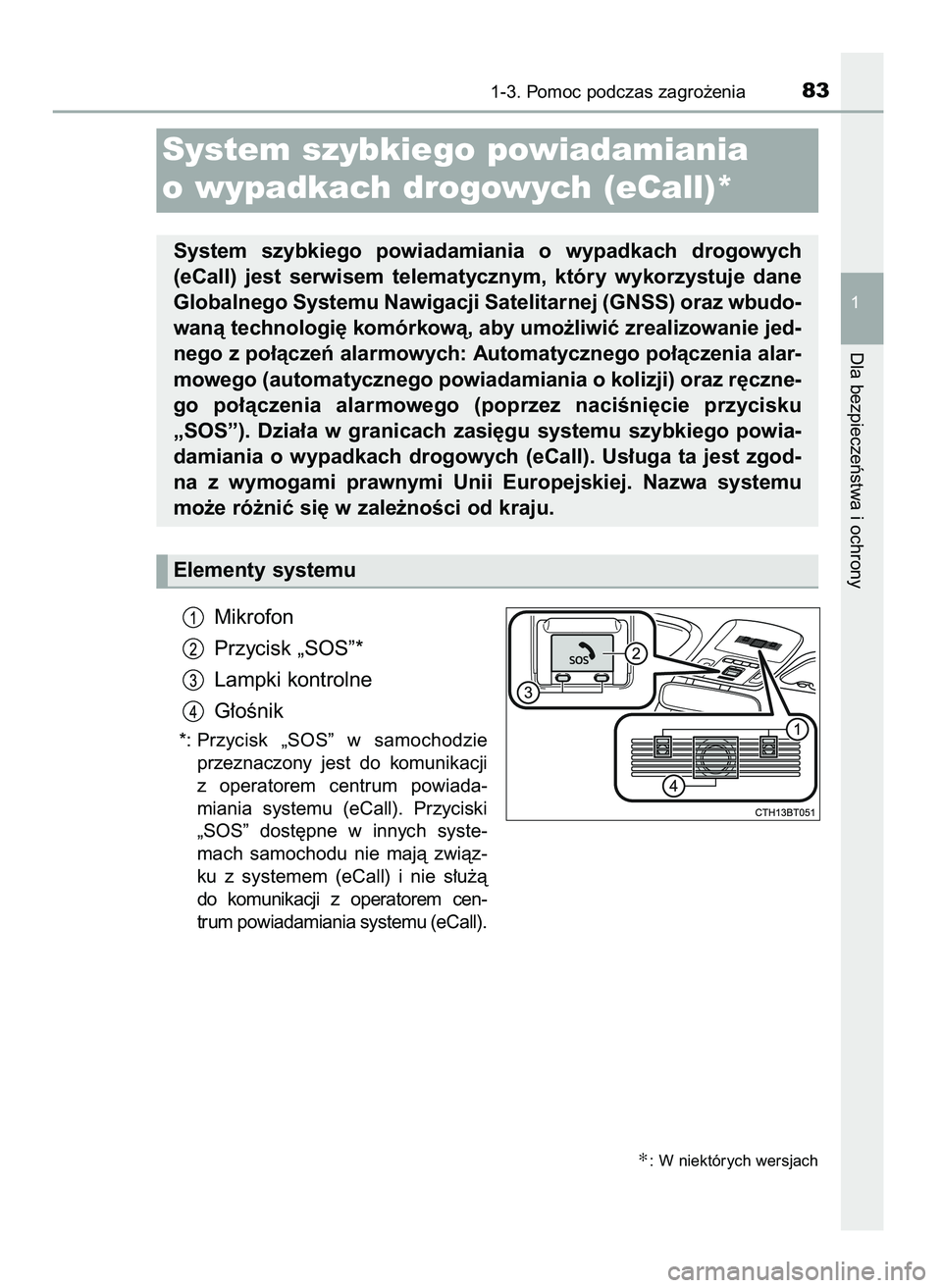 TOYOTA CAMRY 2022  Instrukcja obsługi (in Polish) Mikrofon
Przycisk „SOS”*
Lampki kontrolne
G∏oÊnik
*: Przycisk  „SOS”  w samochodzie
przeznaczony  jest  do  komunikacji
z operatorem  centrum  powiada-
miania  systemu  (eCall).  Przyciski
