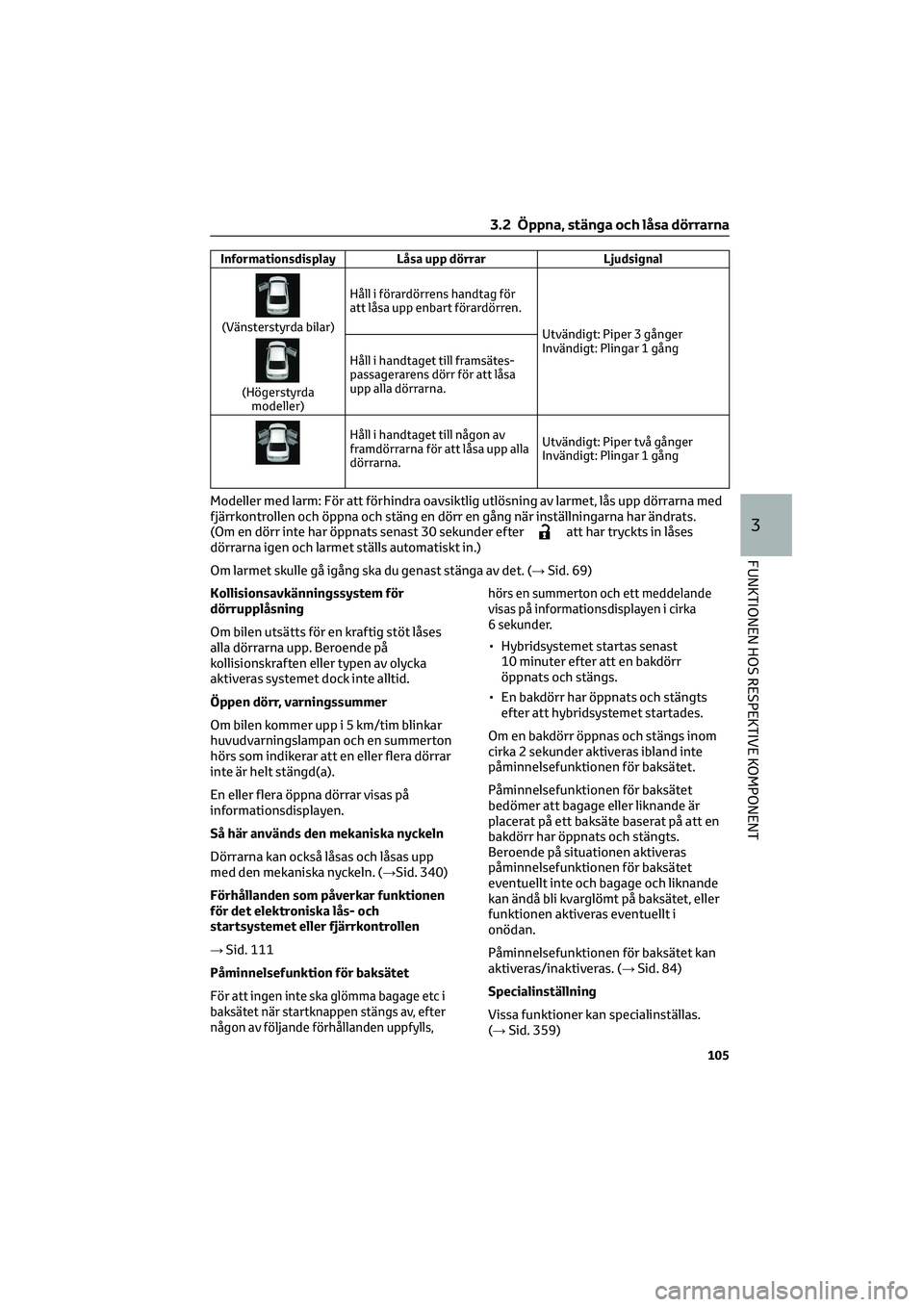 TOYOTA CAMRY 2022 Bruksanvisningar (in Swedish) Informationsdisplay Låsa upp dörrar Ljudsignal
(Vänsterstyrda bilar)
(Högerstyrda
modeller)Håll i förardörrens handtag för
att låsa upp enbart förardörren.
Utvändigt: Piper 3 gånger
Invä TOYOTA CAMRY 2022 Bruksanvisningar (in Swedish) Informationsdisplay Låsa upp dörrar Ljudsignal
(Vänsterstyrda bilar)
(Högerstyrda
modeller)Håll i förardörrens handtag för
att låsa upp enbart förardörren.
Utvändigt: Piper 3 gånger
Invä