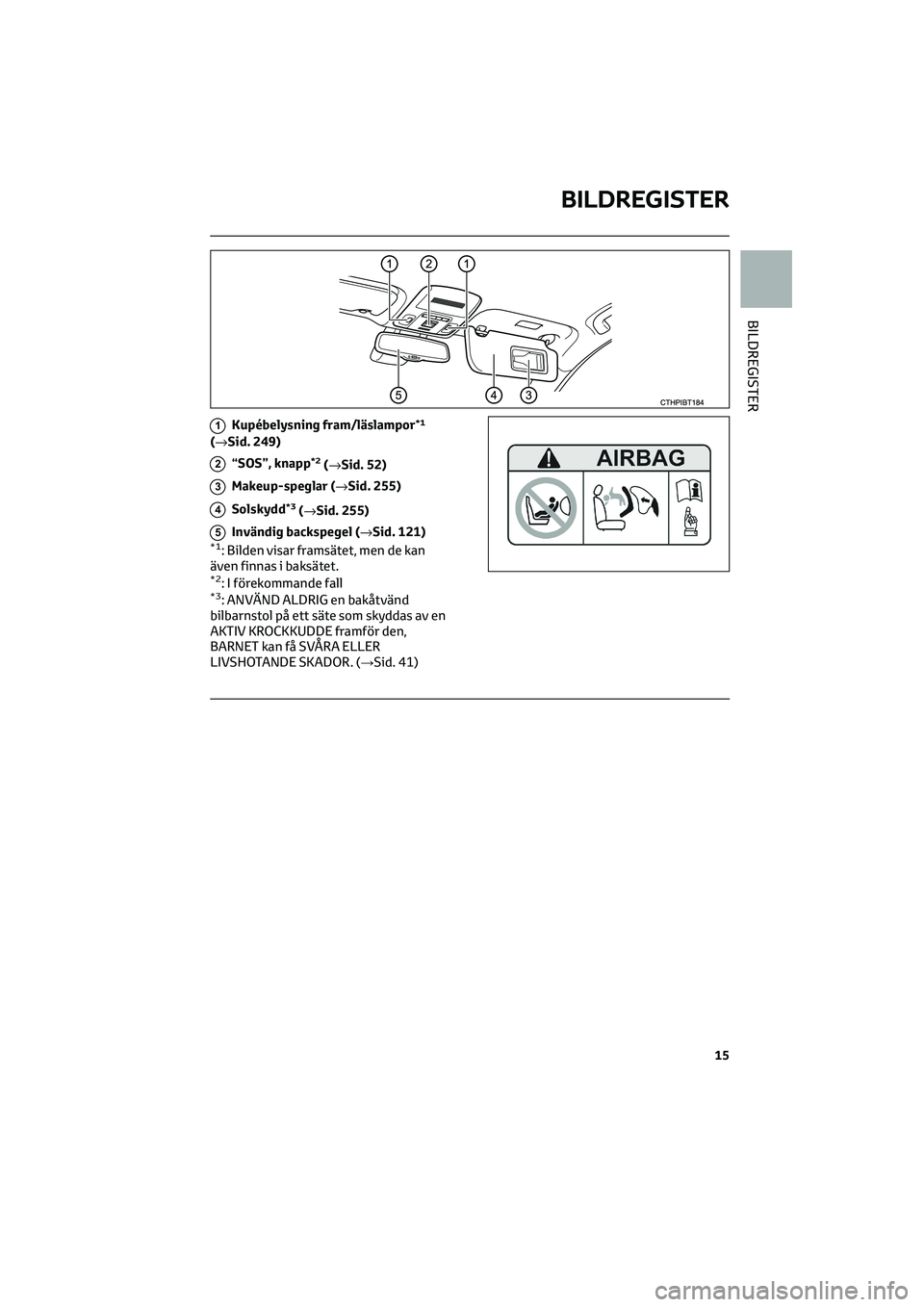 TOYOTA CAMRY 2022 Bruksanvisningar (in Swedish) 1Kupébelysning fram/läslampor*1
(→Sid. 249)
2“SOS”, knapp*2(→Sid. 52)
3Makeup-speglar (→Sid. 255)
4Solskydd*3(→Sid. 255)
5Invändig backspegel (→Sid. 121)*1: Bilden visar framsätet, m TOYOTA CAMRY 2022 Bruksanvisningar (in Swedish) 1Kupébelysning fram/läslampor*1
(→Sid. 249)
2“SOS”, knapp*2(→Sid. 52)
3Makeup-speglar (→Sid. 255)
4Solskydd*3(→Sid. 255)
5Invändig backspegel (→Sid. 121)*1: Bilden visar framsätet, m