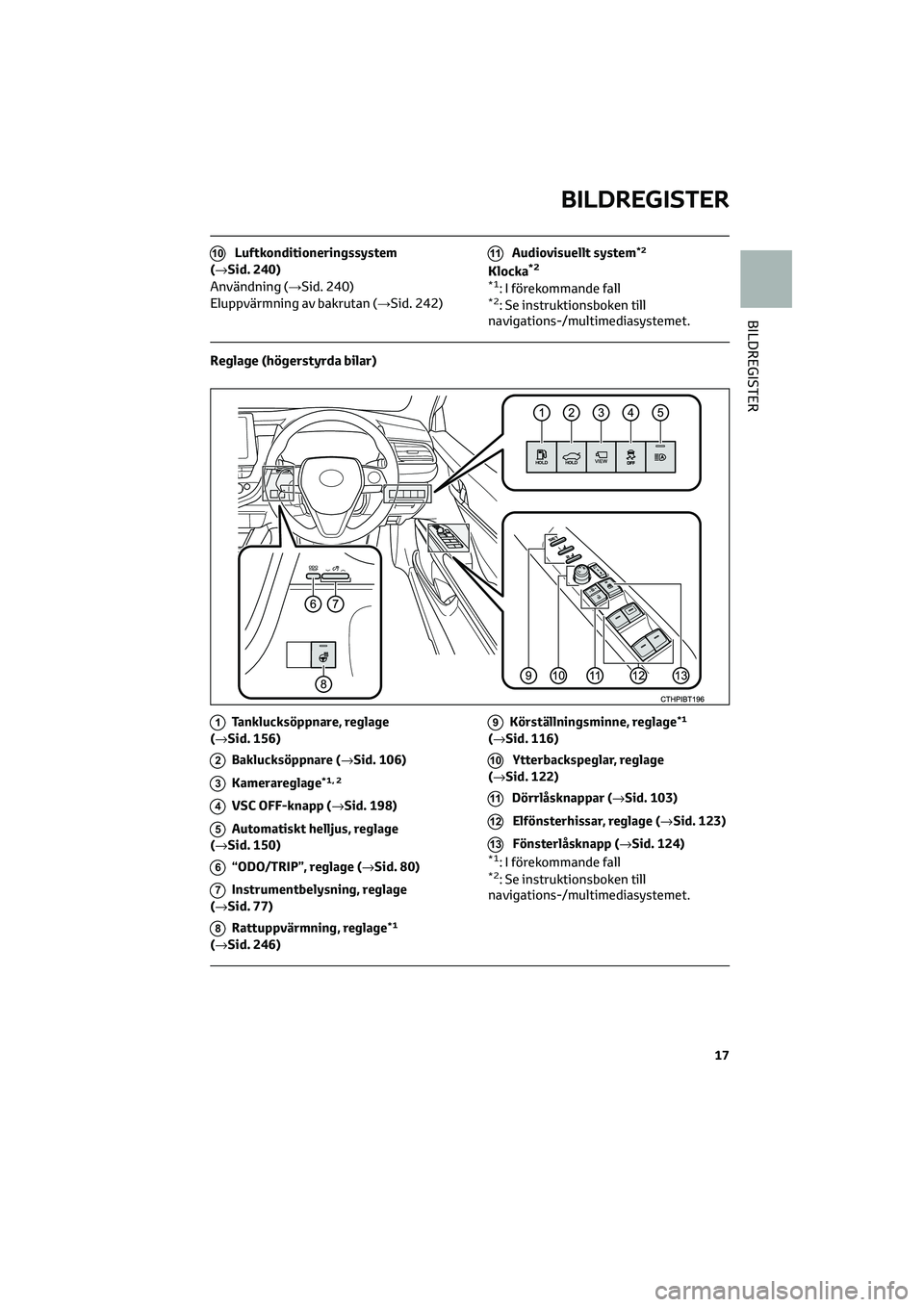 TOYOTA CAMRY 2022 Bruksanvisningar (in Swedish) 10Luftkonditioneringssystem
(→Sid. 240)
Användning (→Sid. 240)
Eluppvärmning av bakrutan (→Sid. 242)
11Audiovisuellt system*2
Klocka*2
*1
: I förekommande fall*2: Se instruktionsboken till
na TOYOTA CAMRY 2022 Bruksanvisningar (in Swedish) 10Luftkonditioneringssystem
(→Sid. 240)
Användning (→Sid. 240)
Eluppvärmning av bakrutan (→Sid. 242)
11Audiovisuellt system*2
Klocka*2
*1
: I förekommande fall*2: Se instruktionsboken till
na