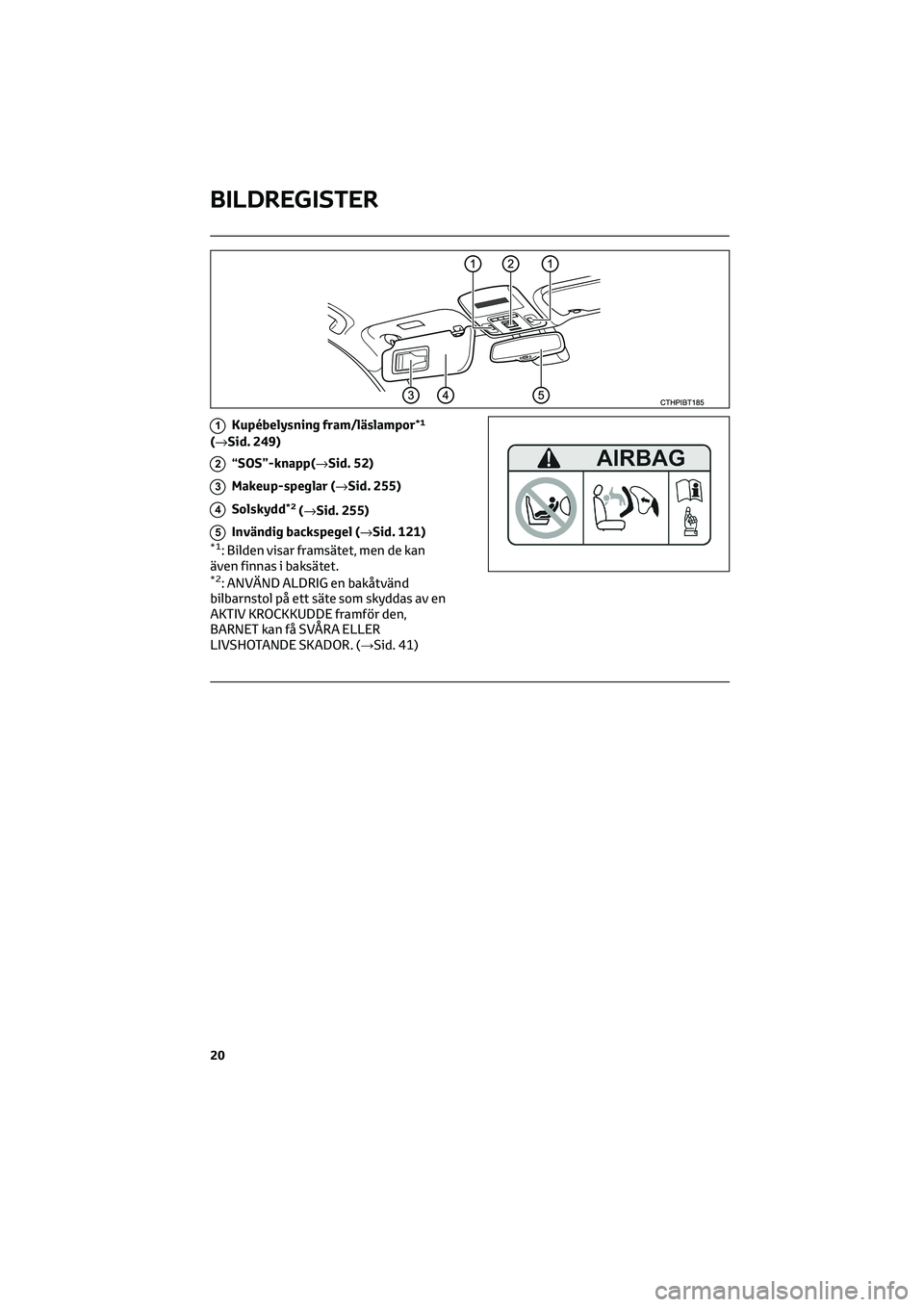TOYOTA CAMRY 2022 Bruksanvisningar (in Swedish) 1Kupébelysning fram/läslampor*1
(→Sid. 249)
2“SOS”-knapp(→Sid. 52)
3Makeup-speglar (→Sid. 255)
4Solskydd*2(→Sid. 255)
5Invändig backspegel (→Sid. 121)*1: Bilden visar framsätet, men TOYOTA CAMRY 2022 Bruksanvisningar (in Swedish) 1Kupébelysning fram/läslampor*1
(→Sid. 249)
2“SOS”-knapp(→Sid. 52)
3Makeup-speglar (→Sid. 255)
4Solskydd*2(→Sid. 255)
5Invändig backspegel (→Sid. 121)*1: Bilden visar framsätet, men