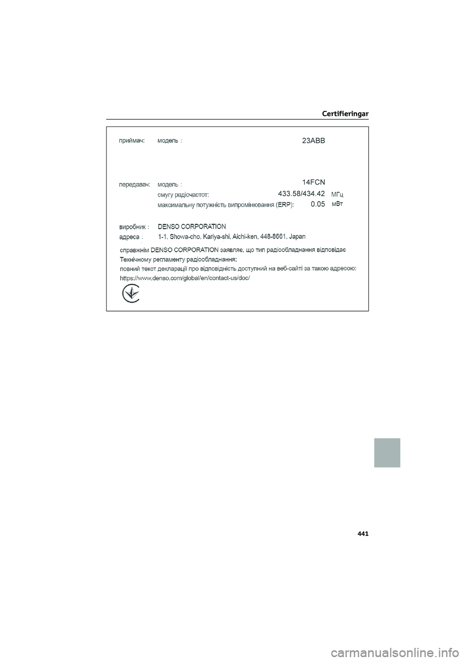 TOYOTA CAMRY 2022  Bruksanvisningar (in Swedish) Certifieringar
441 