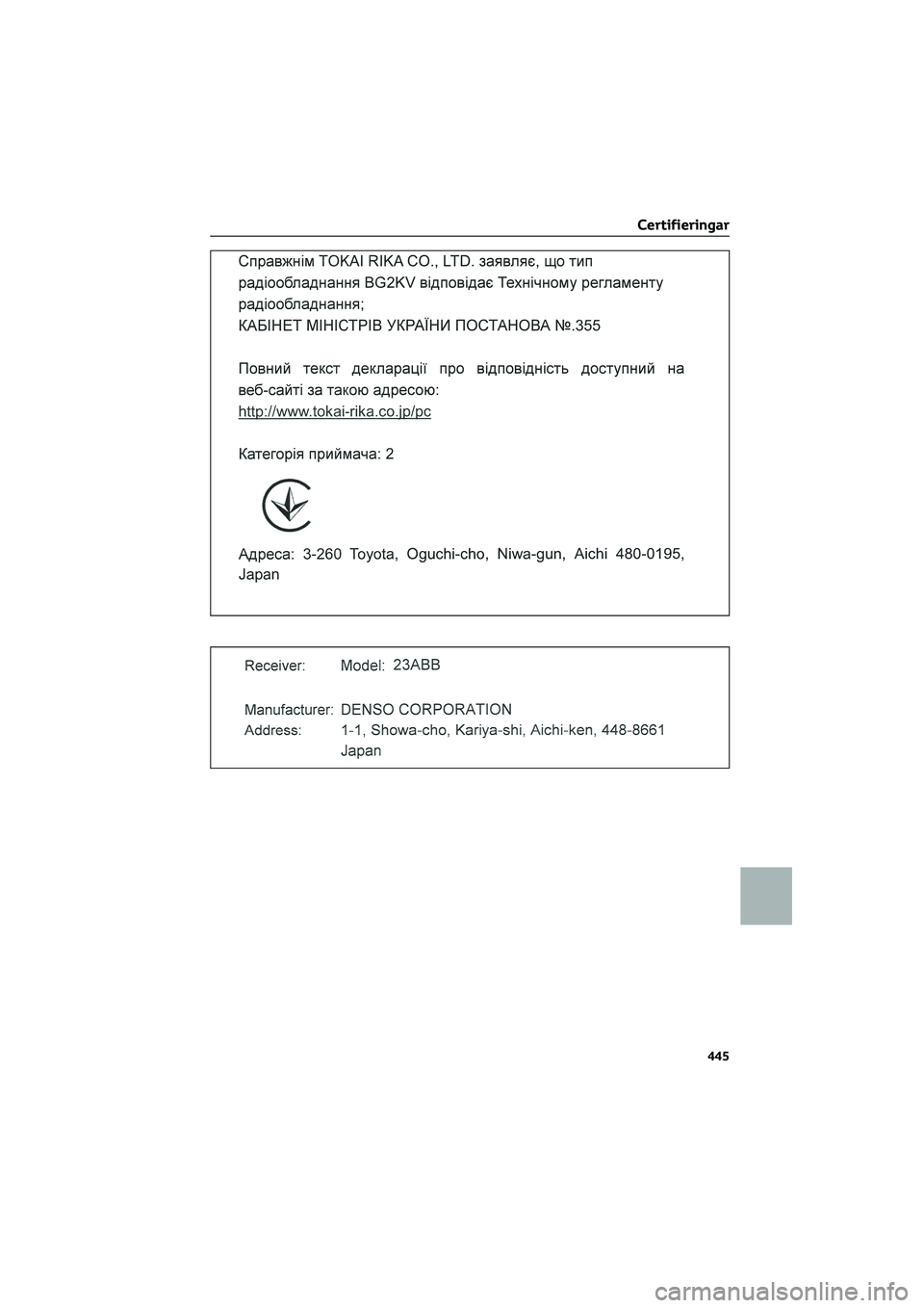TOYOTA CAMRY 2022  Bruksanvisningar (in Swedish) Certifieringar
445 