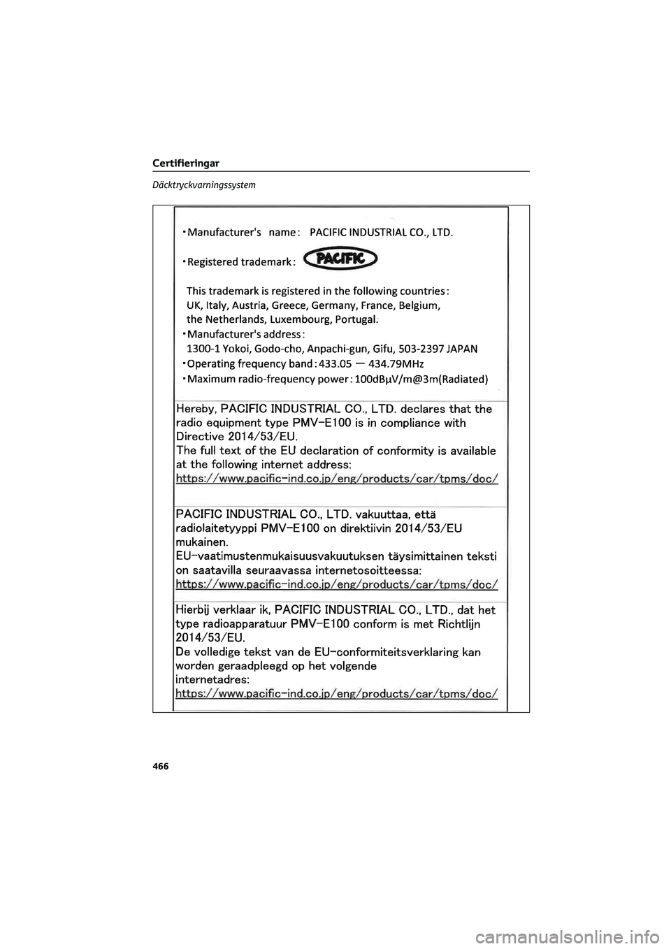 TOYOTA CAMRY 2022 Bruksanvisningar (in Swedish) Däcktryckvarningssystem
Certifieringar
466 TOYOTA CAMRY 2022 Bruksanvisningar (in Swedish) Däcktryckvarningssystem
Certifieringar
466