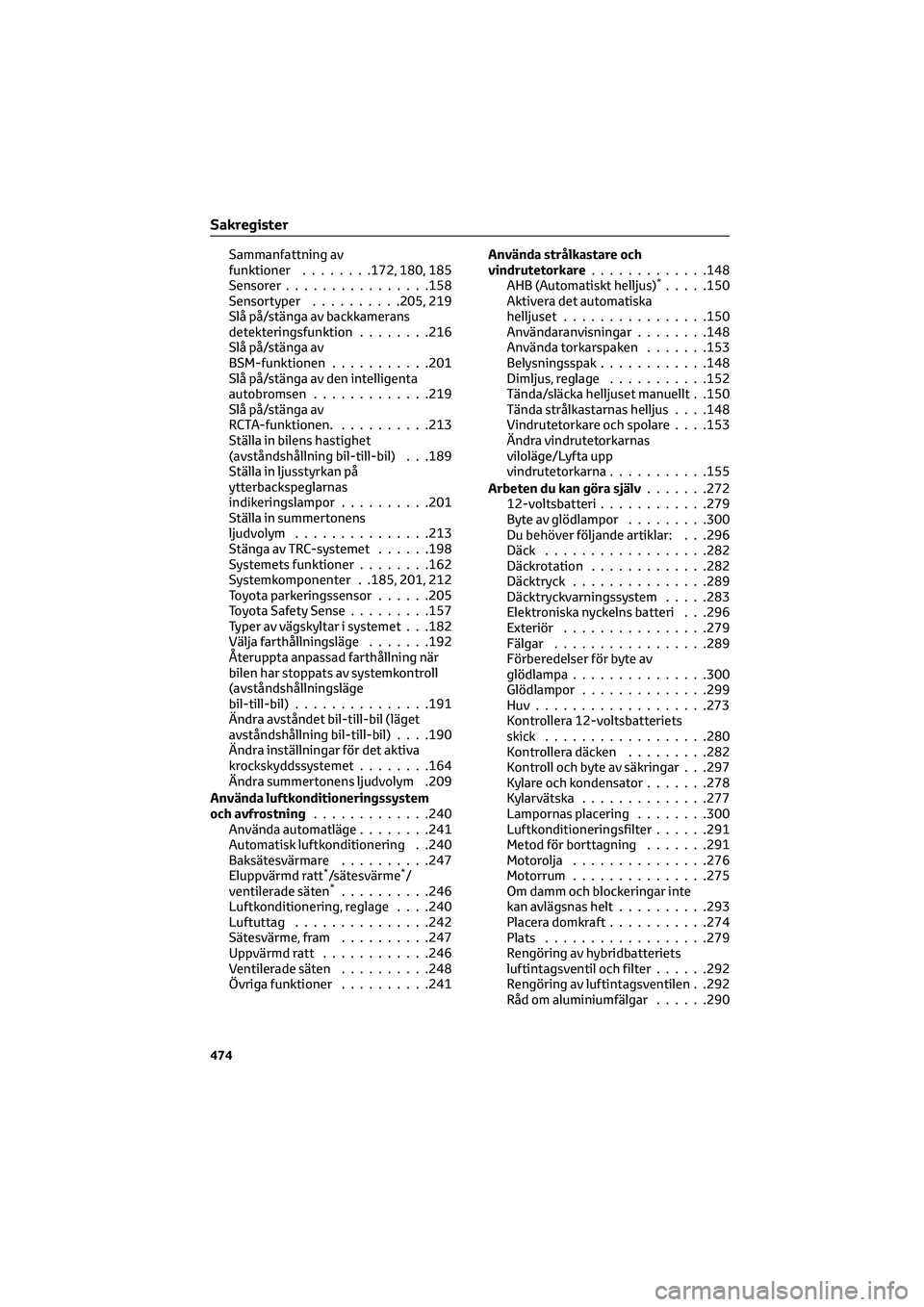 TOYOTA CAMRY 2022 Bruksanvisningar (in Swedish) Sammanfattning av
funktioner........172, 180, 185
Sensorer................158
Sensortyper..........205, 219
Slå på/stänga av backkamerans
detekteringsfunktion........216
Slå på/stänga av
BSM-fun TOYOTA CAMRY 2022 Bruksanvisningar (in Swedish) Sammanfattning av
funktioner........172, 180, 185
Sensorer................158
Sensortyper..........205, 219
Slå på/stänga av backkamerans
detekteringsfunktion........216
Slå på/stänga av
BSM-fun
