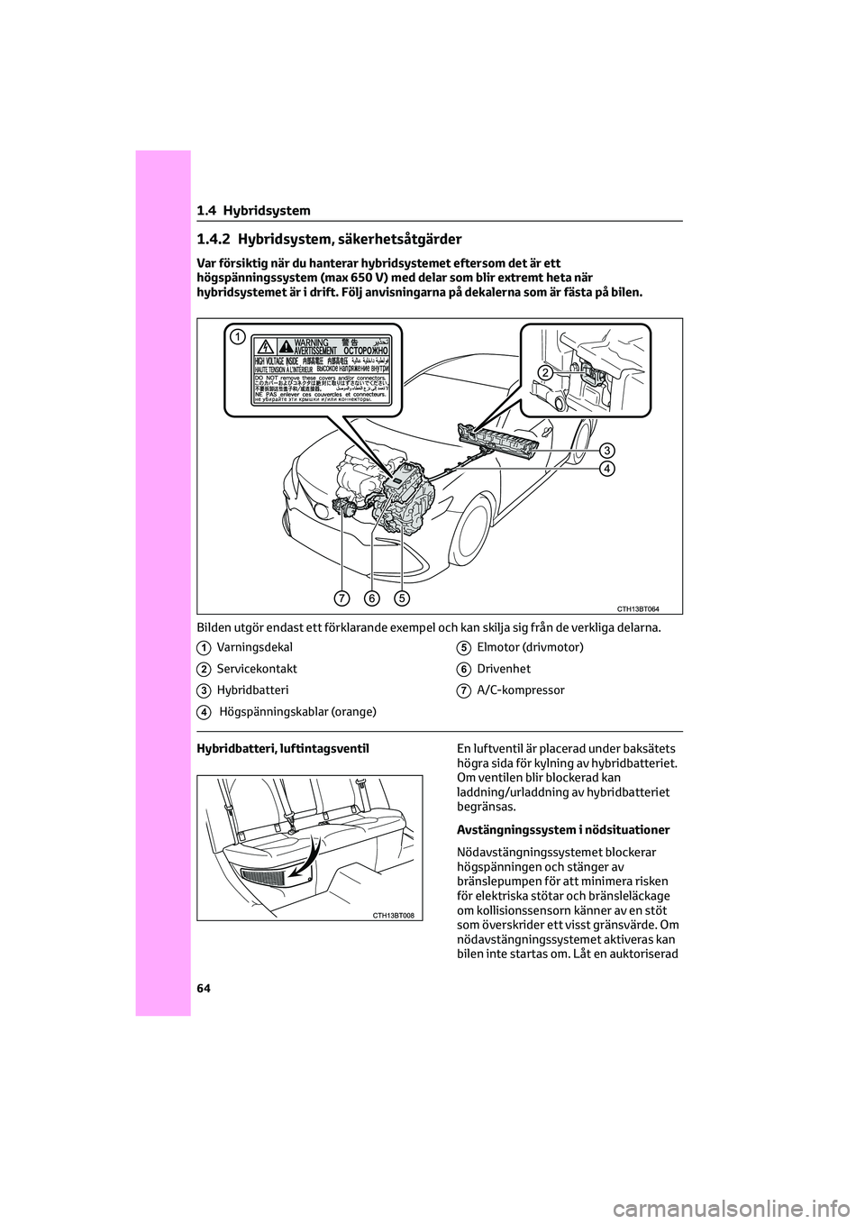 TOYOTA CAMRY 2022 Bruksanvisningar (in Swedish) 1.4.2 Hybridsystem, säkerhetsåtgärder
Var försiktig när du hanterar hybridsystemet eftersom det är ett
högspänningssystem (max 650 V) med delar som blir extremt heta när
hybridsystemet är i TOYOTA CAMRY 2022 Bruksanvisningar (in Swedish) 1.4.2 Hybridsystem, säkerhetsåtgärder
Var försiktig när du hanterar hybridsystemet eftersom det är ett
högspänningssystem (max 650 V) med delar som blir extremt heta när
hybridsystemet är i