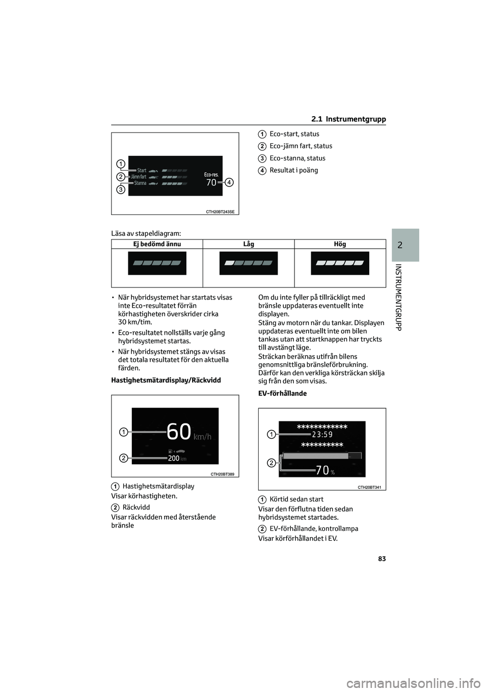 TOYOTA CAMRY 2022 Bruksanvisningar (in Swedish) 1Eco-start, status
2Eco-jämn fart, status
3Eco-stanna, status
4Resultat i poäng
Läsa av stapeldiagram:
Ej bedömd ännu Låg Hög
• När hybridsystemet har startats visas
inte Eco-resultatet för TOYOTA CAMRY 2022 Bruksanvisningar (in Swedish) 1Eco-start, status
2Eco-jämn fart, status
3Eco-stanna, status
4Resultat i poäng
Läsa av stapeldiagram:
Ej bedömd ännu Låg Hög
• När hybridsystemet har startats visas
inte Eco-resultatet för
