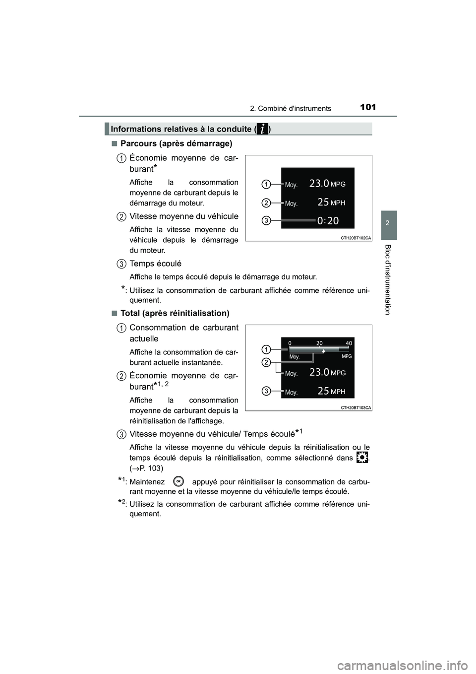 TOYOTA CAMRY 2018 Manuel du propriétaire (in French) 1012. Combiné dinstruments
2
Bloc d’instrumentation
CAMRY_D (OM33B95D)
■Parcours (après démarrage)
Économie moyenne de car-
burant*
Affiche la consommation
moyenne de carburant depuis le
TOYOTA CAMRY 2018 Manuel du propriétaire (in French) 1012. Combiné dinstruments
2
Bloc d’instrumentation
CAMRY_D (OM33B95D)
■Parcours (après démarrage)
Économie moyenne de car-
burant*
Affiche la consommation
moyenne de carburant depuis le