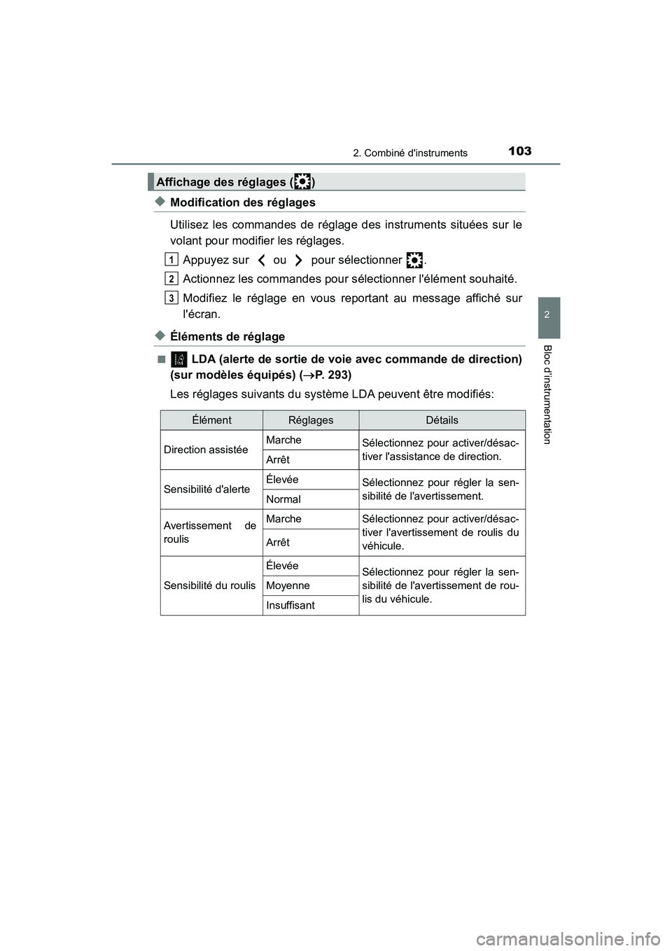 TOYOTA CAMRY 2018 Manuel du propriétaire (in French) 1032. Combiné dinstruments
2
Bloc d’instrumentation
CAMRY_D (OM33B95D)
◆Modification des réglages
Utilisez les commandes de réglage des instruments situées sur le
volant pour modifier les r TOYOTA CAMRY 2018 Manuel du propriétaire (in French) 1032. Combiné dinstruments
2
Bloc d’instrumentation
CAMRY_D (OM33B95D)
◆Modification des réglages
Utilisez les commandes de réglage des instruments situées sur le
volant pour modifier les r