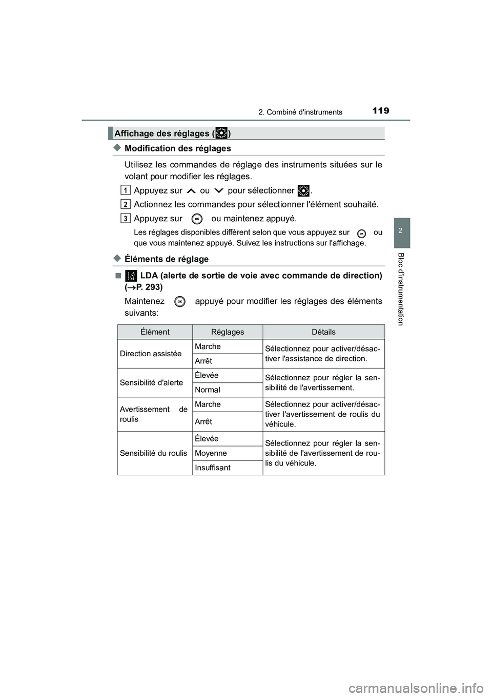 TOYOTA CAMRY 2018 Manuel du propriétaire (in French) 1192. Combiné dinstruments
2
Bloc d’instrumentation
CAMRY_D (OM33B95D)
◆Modification des réglages
Utilisez les commandes de réglage des instruments situées sur le
volant pour modifier les r TOYOTA CAMRY 2018 Manuel du propriétaire (in French) 1192. Combiné dinstruments
2
Bloc d’instrumentation
CAMRY_D (OM33B95D)
◆Modification des réglages
Utilisez les commandes de réglage des instruments situées sur le
volant pour modifier les r