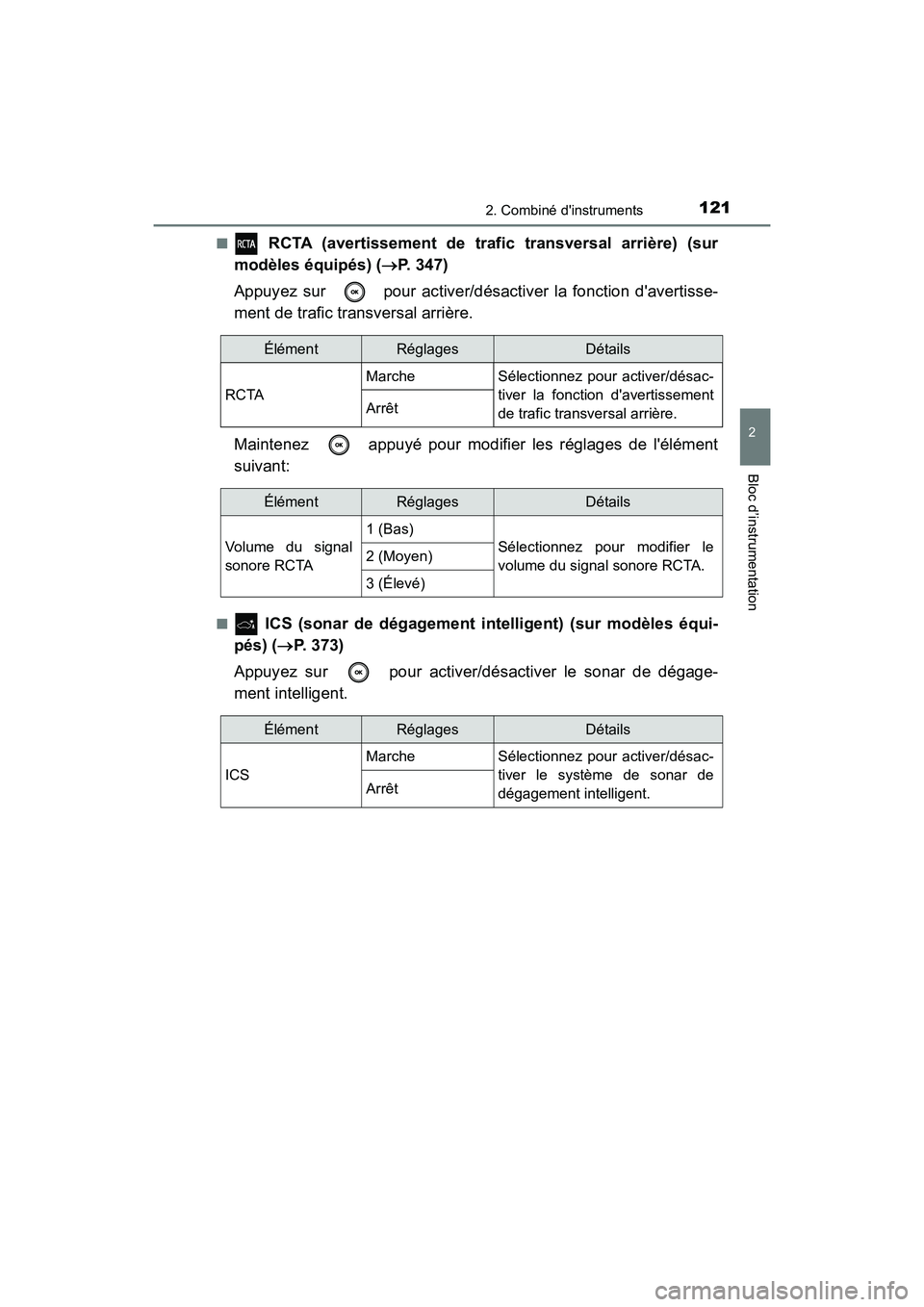 TOYOTA CAMRY 2018 Manuel du propriétaire (in French) 1212. Combiné dinstruments
2
Bloc d’instrumentation
CAMRY_D (OM33B95D)
■ RCTA (avertissement de trafic transversal arrière) (sur
modèles équipés) ( P. 347)
Appuyez sur pour activer/d TOYOTA CAMRY 2018 Manuel du propriétaire (in French) 1212. Combiné dinstruments
2
Bloc d’instrumentation
CAMRY_D (OM33B95D)
■ RCTA (avertissement de trafic transversal arrière) (sur
modèles équipés) ( P. 347)
Appuyez sur pour activer/d