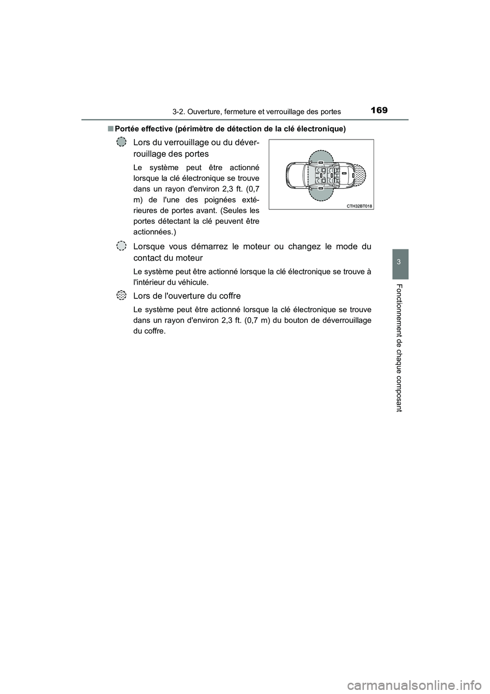 TOYOTA CAMRY 2018 Manuel du propriétaire (in French) 1693-2. Ouverture, fermeture et verrouillage des portes
3
Fonctionnement de chaque composant
CAMRY_D (OM33B95D)
■ Portée effective (périmètre de détection de la clé électronique)
Lors du verr TOYOTA CAMRY 2018 Manuel du propriétaire (in French) 1693-2. Ouverture, fermeture et verrouillage des portes
3
Fonctionnement de chaque composant
CAMRY_D (OM33B95D)
■ Portée effective (périmètre de détection de la clé électronique)
Lors du verr