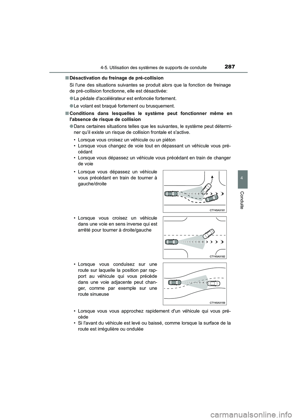 TOYOTA CAMRY 2018 Manuel du propriétaire (in French) 2874-5. Utilisation des systèmes de supports de conduite
4
Conduite
CAMRY_D (OM33B95D)
■ Désactivation du freinage de pré-collision
Si lune des situations suivantes se produit alors que la fon TOYOTA CAMRY 2018 Manuel du propriétaire (in French) 2874-5. Utilisation des systèmes de supports de conduite
4
Conduite
CAMRY_D (OM33B95D)
■ Désactivation du freinage de pré-collision
Si lune des situations suivantes se produit alors que la fon