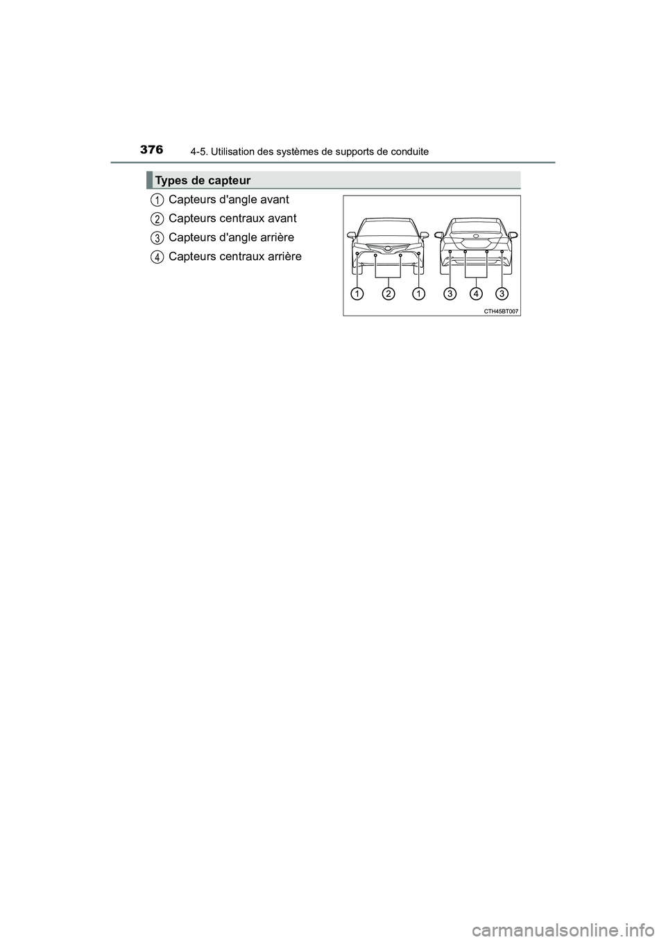 TOYOTA CAMRY 2018  Manuel du propriétaire (in French) 3764-5. Utilisation des systèmes de supports de conduite
CAMRY_D (OM33B95D)
Capteurs dangle avant 
Capteurs centraux avant 
Capteurs dangle arrière
Capteurs centraux arrière
Types de capteur
1
2
