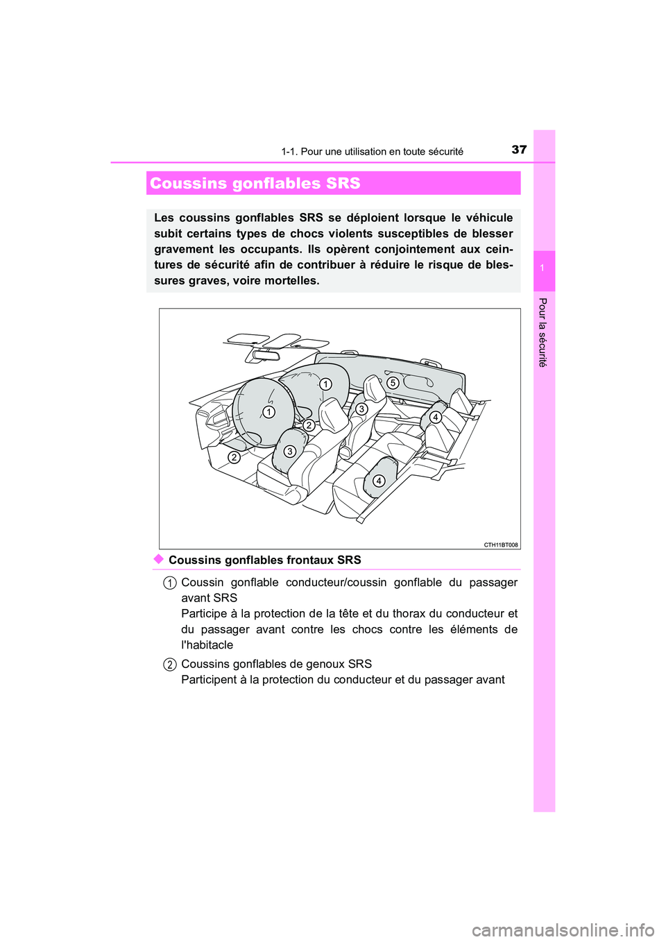 TOYOTA CAMRY 2018  Manuel du propriétaire (in French) 371-1. Pour une utilisation en toute sécurité
1
Pour la sécurité
CAMRY_D (OM33B95D)
◆Coussins gonflables frontaux SRS 
Coussin gonflable conducteur/coussin gonflable du passager 
avant SRS 
Part