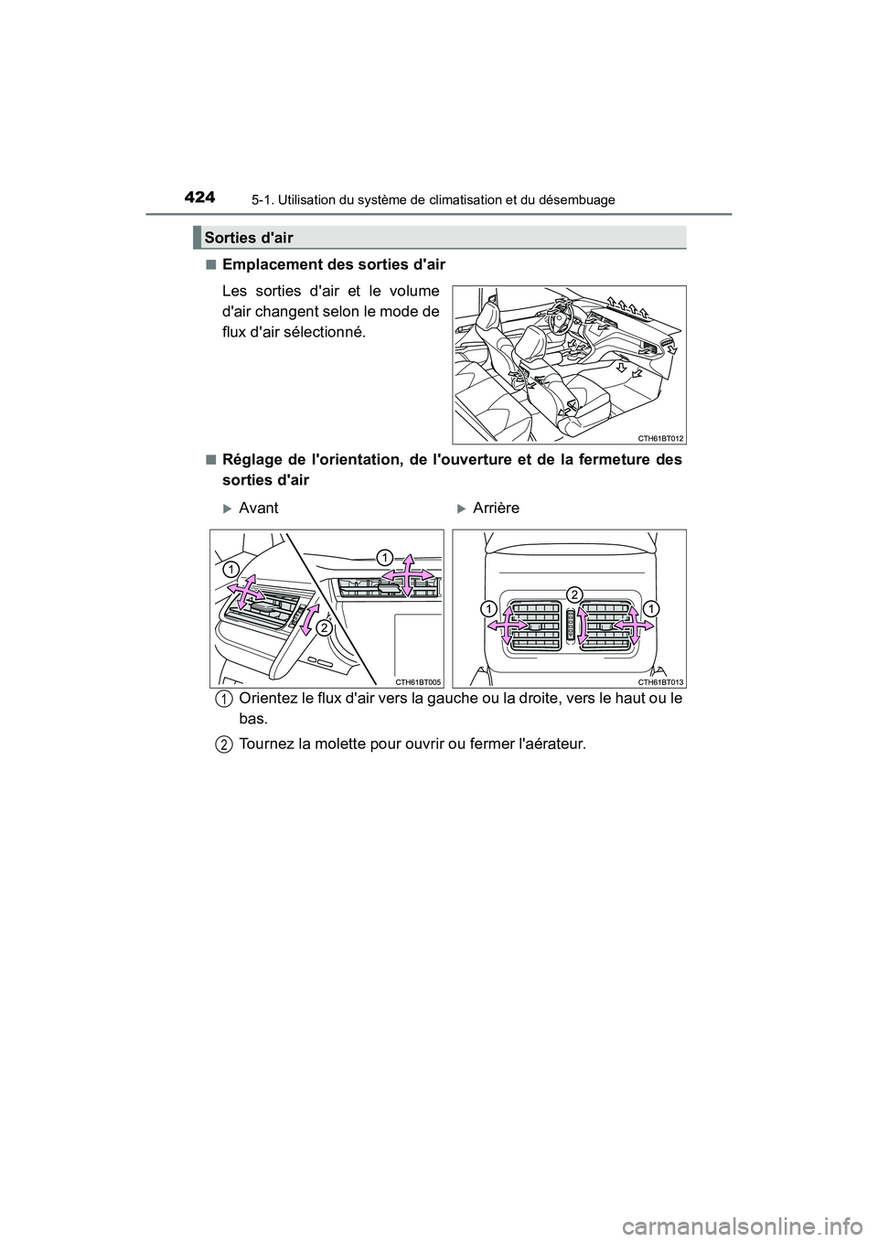 TOYOTA CAMRY 2018  Manuel du propriétaire (in French) 4245-1. Utilisation du système de climatisation et du désembuage
CAMRY_D (OM33B95D) 
■Emplacement des sorties dair 
Les sorties dair et le volume 
dair changent selon le mode de 
flux dair sé