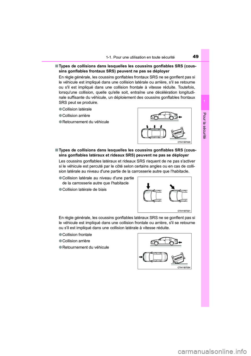 TOYOTA CAMRY 2018  Manuel du propriétaire (in French) 491-1. Pour une utilisation en toute sécurité
1
Pour la sécurité
CAMRY_D (OM33B95D) 
■ Types de collisions dans lesquelles les coussins gonflables SRS (cous- 
sins gonflables frontaux SRS) peuve