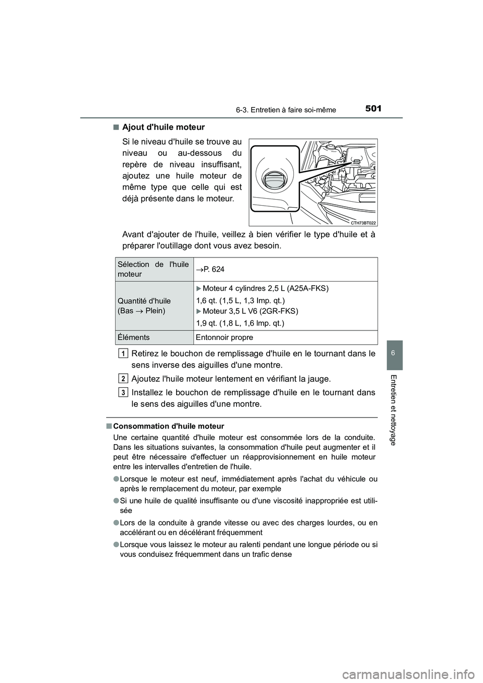 TOYOTA CAMRY 2018 Manuel du propriétaire (in French) 5016-3. Entretien à faire soi-même
6
Entretien et nettoyage
CAMRY_D (OM33B95D)
■Ajout dhuile moteur
Si le niveau dhuile se trouve au
niveau ou au-dessous du
repère de niveau insuffisant,
aj TOYOTA CAMRY 2018 Manuel du propriétaire (in French) 5016-3. Entretien à faire soi-même
6
Entretien et nettoyage
CAMRY_D (OM33B95D)
■Ajout dhuile moteur
Si le niveau dhuile se trouve au
niveau ou au-dessous du
repère de niveau insuffisant,
aj