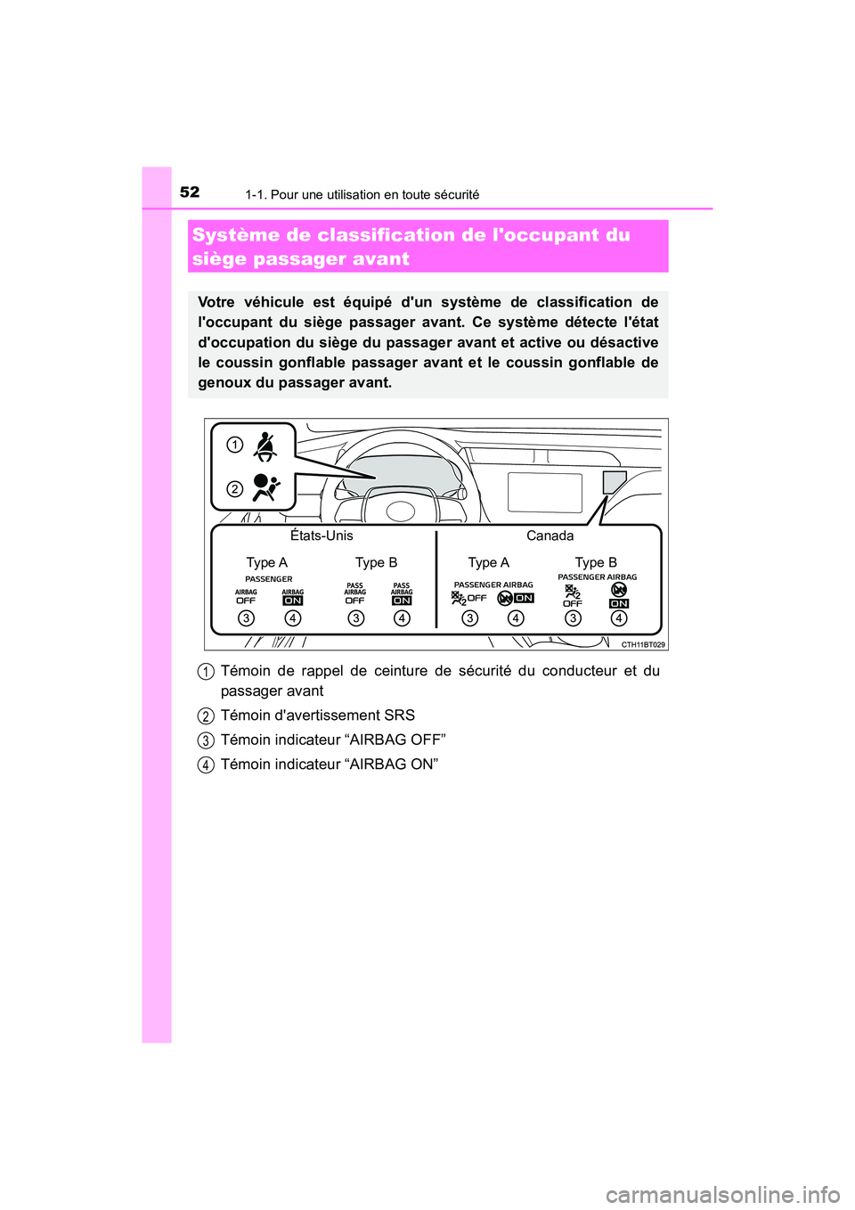 TOYOTA CAMRY 2018  Manuel du propriétaire (in French) 521-1. Pour une utilisation en toute sécurité
CAMRY_D (OM33B95D)
Système de classification de loccupant du  
siège passager avant
Votre véhicule est équipé dun système de classification de 

