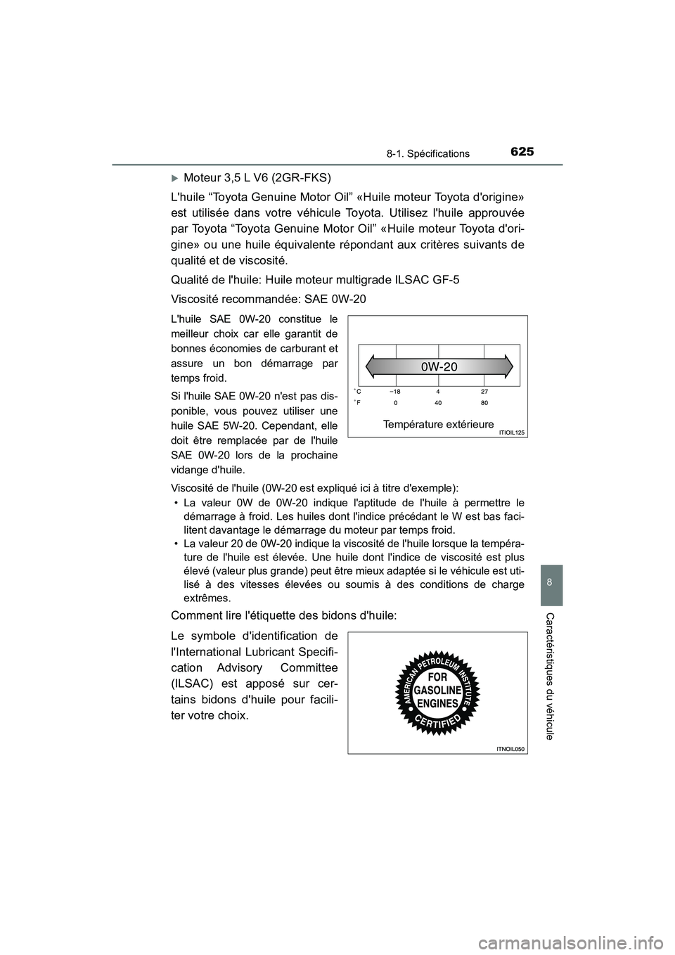 TOYOTA CAMRY 2018 Manuel du propriétaire (in French) 6258-1. Spécifications
8
Caractéristiques du véhicule
CAMRY_D (OM33B95D)
Moteur 3,5 L V6 (2GR-FKS)
Lhuile “Toyota Genuine Motor Oil” «Huile moteur Toyota dorigine»
est utilisée dans v TOYOTA CAMRY 2018 Manuel du propriétaire (in French) 6258-1. Spécifications
8
Caractéristiques du véhicule
CAMRY_D (OM33B95D)
Moteur 3,5 L V6 (2GR-FKS)
Lhuile “Toyota Genuine Motor Oil” «Huile moteur Toyota dorigine»
est utilisée dans v