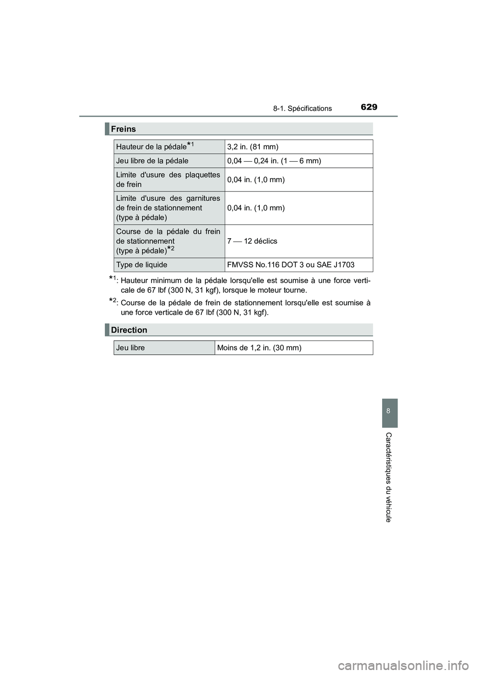 TOYOTA CAMRY 2018 Manuel du propriétaire (in French) 6298-1. Spécifications
8
Caractéristiques du véhicule
CAMRY_D (OM33B95D)
*1: Hauteur minimum de la pédale lorsquelle est soumise à une force verti-
cale de 67 lbf (300 N, 31 kgf), lorsque le mo TOYOTA CAMRY 2018 Manuel du propriétaire (in French) 6298-1. Spécifications
8
Caractéristiques du véhicule
CAMRY_D (OM33B95D)
*1: Hauteur minimum de la pédale lorsquelle est soumise à une force verti-
cale de 67 lbf (300 N, 31 kgf), lorsque le mo