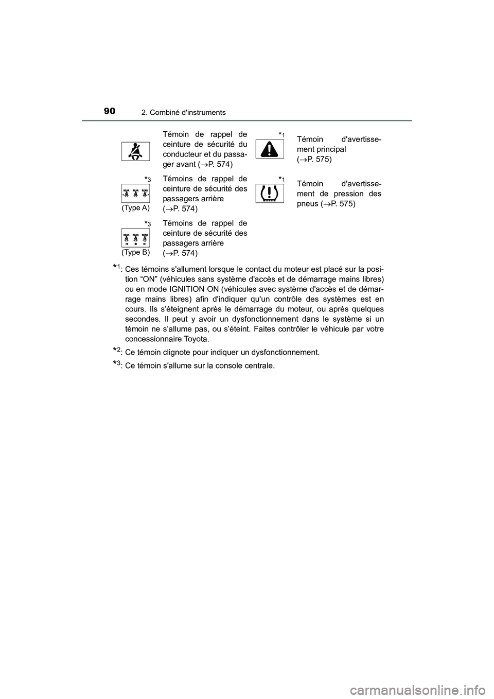 TOYOTA CAMRY 2018 Manuel du propriétaire (in French) 902. Combiné dinstruments
CAMRY_D (OM33B95D)
*1: Ces témoins sallument lorsque le contact du moteur est placé sur la posi-
tion “ON” (véhicules sans système daccès et de démarrage mains TOYOTA CAMRY 2018 Manuel du propriétaire (in French) 902. Combiné dinstruments
CAMRY_D (OM33B95D)
*1: Ces témoins sallument lorsque le contact du moteur est placé sur la posi-
tion “ON” (véhicules sans système daccès et de démarrage mains