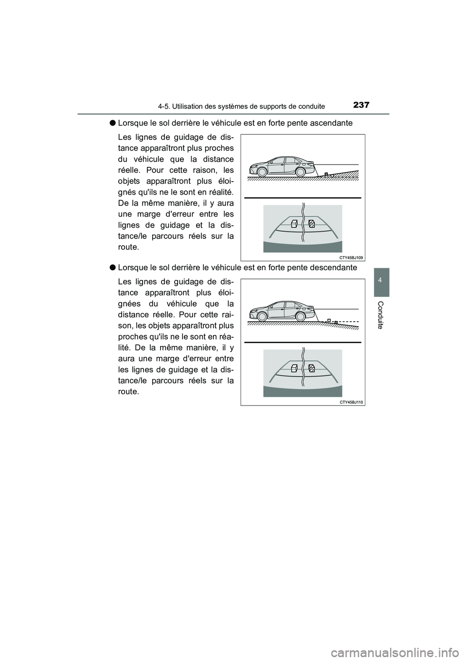 TOYOTA CAMRY 2017 Manuel du propriétaire (in French) 2374-5. Utilisation des systèmes de supports de conduite
4
Conduite
CAMRY_D (OM33C64D)
●Lorsque le sol derrière le véhicule est en forte pente ascendante
Les lignes de guidage de dis-
tance appar TOYOTA CAMRY 2017 Manuel du propriétaire (in French) 2374-5. Utilisation des systèmes de supports de conduite
4
Conduite
CAMRY_D (OM33C64D)
●Lorsque le sol derrière le véhicule est en forte pente ascendante
Les lignes de guidage de dis-
tance appar