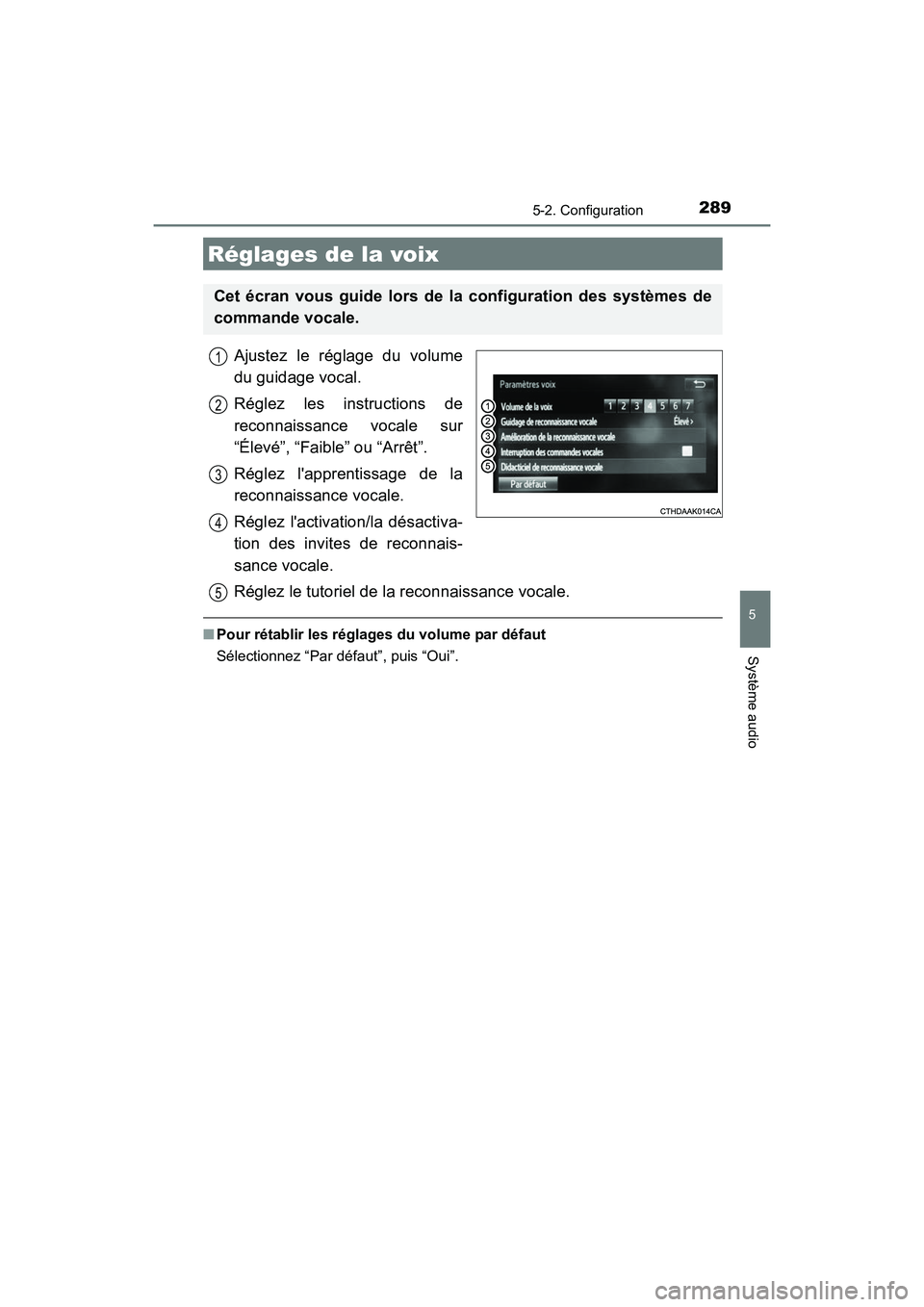 TOYOTA CAMRY 2017 Manuel du propriétaire (in French) 2895-2. Configuration
5
Système audio
CAMRY_D (OM33C64D)
Ajustez le réglage du volume
du guidage vocal.
Réglez les instructions de
reconnaissance vocale sur
“Élevé”, “Faible” ou “Arrêt TOYOTA CAMRY 2017 Manuel du propriétaire (in French) 2895-2. Configuration
5
Système audio
CAMRY_D (OM33C64D)
Ajustez le réglage du volume
du guidage vocal.
Réglez les instructions de
reconnaissance vocale sur
“Élevé”, “Faible” ou “Arrêt