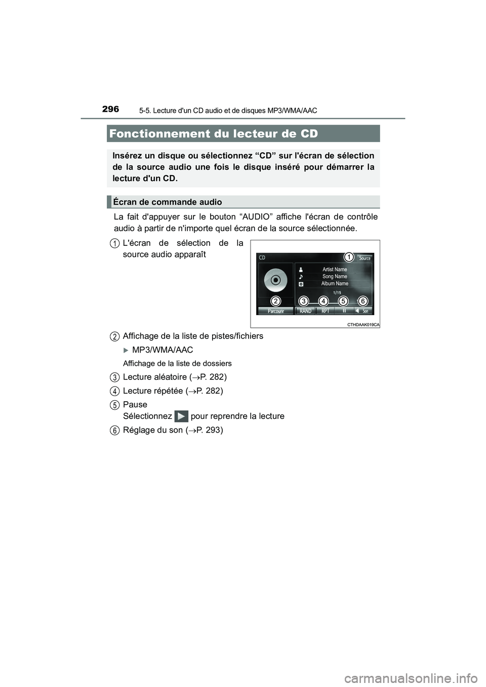 TOYOTA CAMRY 2017 Manuel du propriétaire (in French) 296
CAMRY_D (OM33C64D)
5-5. Lecture dun CD audio et de disques MP3/WMA/AAC
La fait dappuyer sur le bouton “AUDIO” affiche lécran de contrôle
audio à partir de nimporte quel écran de la sou TOYOTA CAMRY 2017 Manuel du propriétaire (in French) 296
CAMRY_D (OM33C64D)
5-5. Lecture dun CD audio et de disques MP3/WMA/AAC
La fait dappuyer sur le bouton “AUDIO” affiche lécran de contrôle
audio à partir de nimporte quel écran de la sou