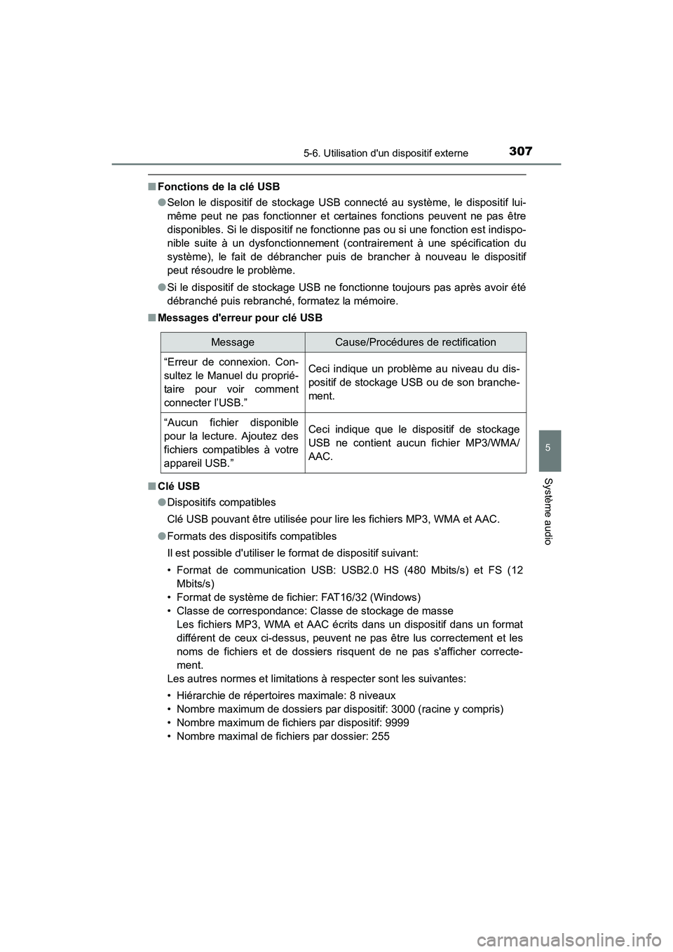TOYOTA CAMRY 2017 Manuel du propriétaire (in French) 3075-6. Utilisation dun dispositif externe
5
Système audio
CAMRY_D (OM33C64D)
■Fonctions de la clé USB
●Selon le dispositif de stockage USB connecté au système, le dispositif lui-
même peut TOYOTA CAMRY 2017 Manuel du propriétaire (in French) 3075-6. Utilisation dun dispositif externe
5
Système audio
CAMRY_D (OM33C64D)
■Fonctions de la clé USB
●Selon le dispositif de stockage USB connecté au système, le dispositif lui-
même peut