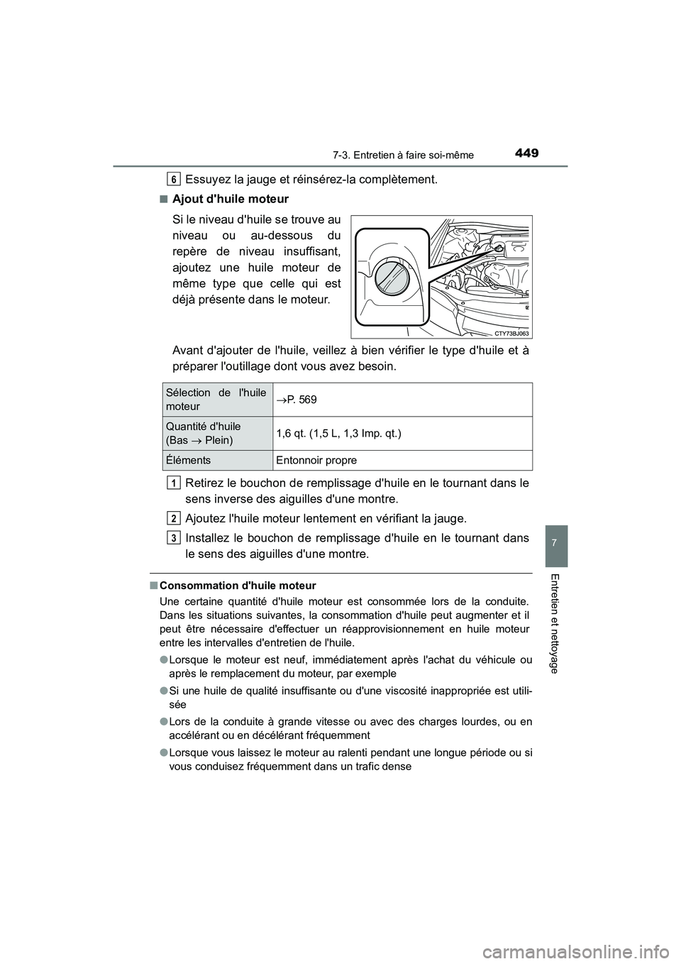 TOYOTA CAMRY 2017 Manuel du propriétaire (in French) 4497-3. Entretien à faire soi-même
7
Entretien et nettoyage
CAMRY_D (OM33C64D)
Essuyez la jauge et réinsérez-la complètement.
■Ajout dhuile moteur
Si le niveau dhuile se trouve au
niveau ou a TOYOTA CAMRY 2017 Manuel du propriétaire (in French) 4497-3. Entretien à faire soi-même
7
Entretien et nettoyage
CAMRY_D (OM33C64D)
Essuyez la jauge et réinsérez-la complètement.
■Ajout dhuile moteur
Si le niveau dhuile se trouve au
niveau ou a