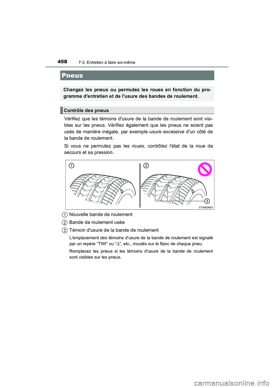 TOYOTA CAMRY 2017 Manuel du propriétaire (in French) 4587-3. Entretien à faire soi-même
CAMRY_D (OM33C64D)
Vérifiez que les témoins dusure de la bande de roulement sont visi-
bles sur les pneus. Vérifiez également que les pneus ne soient pas
usé TOYOTA CAMRY 2017 Manuel du propriétaire (in French) 4587-3. Entretien à faire soi-même
CAMRY_D (OM33C64D)
Vérifiez que les témoins dusure de la bande de roulement sont visi-
bles sur les pneus. Vérifiez également que les pneus ne soient pas
usé