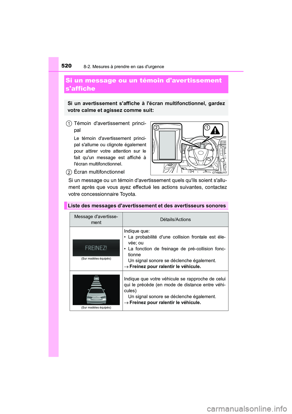 TOYOTA CAMRY 2017 Manuel du propriétaire (in French) 5208-2. Mesures à prendre en cas durgence
CAMRY_D (OM33C64D)
Témoin davertissement princi-
pal
Le témoin davertissement princi-
pal sallume ou clignote également
pour attirer votre attention s TOYOTA CAMRY 2017 Manuel du propriétaire (in French) 5208-2. Mesures à prendre en cas durgence
CAMRY_D (OM33C64D)
Témoin davertissement princi-
pal
Le témoin davertissement princi-
pal sallume ou clignote également
pour attirer votre attention s
