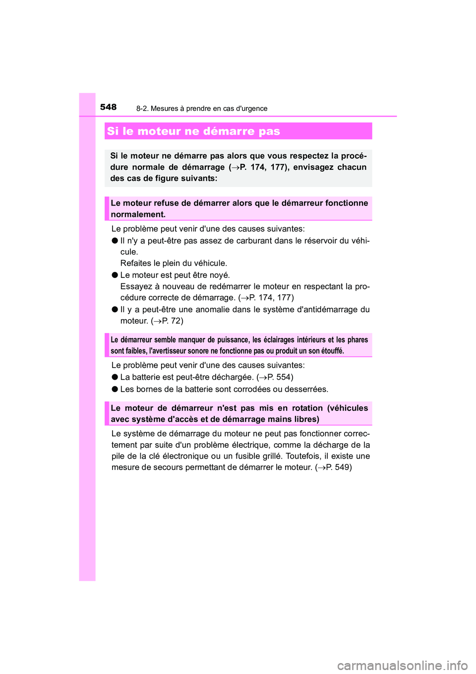 TOYOTA CAMRY 2017  Manuel du propriétaire (in French) 5488-2. Mesures à prendre en cas durgence
CAMRY_D (OM33C64D)
Le problème peut venir dune des causes suivantes:
●Il ny a peut-être pas assez de carburant dans le réservoir du véhi-
cule. 
Ref