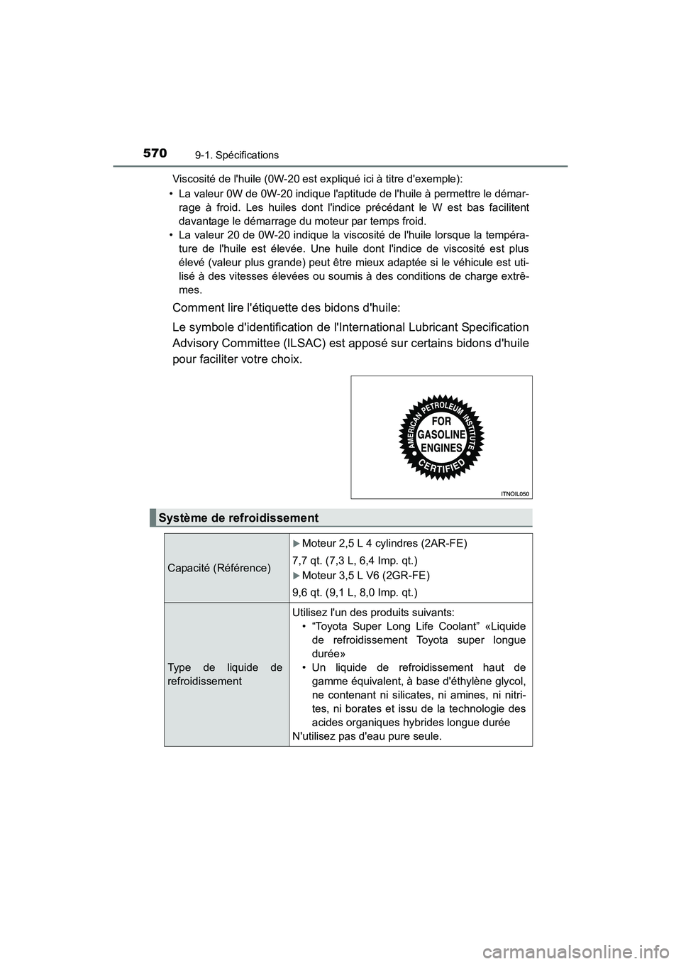 TOYOTA CAMRY 2017 Manuel du propriétaire (in French) 5709-1. Spécifications
CAMRY_D (OM33C64D)Viscosité de lhuile (0W-20 est expliqué ici à titre dexemple):
• La valeur 0W de 0W-20 indique laptit ude de lhuile à permettre le démar-
rage à f TOYOTA CAMRY 2017 Manuel du propriétaire (in French) 5709-1. Spécifications
CAMRY_D (OM33C64D)Viscosité de lhuile (0W-20 est expliqué ici à titre dexemple):
• La valeur 0W de 0W-20 indique laptit ude de lhuile à permettre le démar-
rage à f
