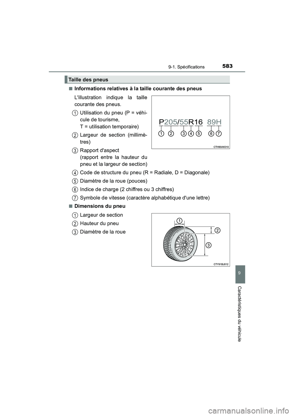 TOYOTA CAMRY 2017  Manuel du propriétaire (in French) 5839-1. Spécifications
9
Caractéristiques du véhicule
CAMRY_D (OM33C64D)■
Informations relatives à la taille courante des pneus
Lillustration indique la taille
courante des pneus.
Utilisation d